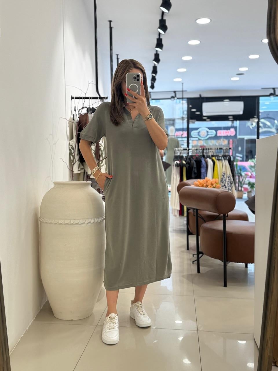 POLA YAKA BASİC ELBİSE YEŞİL