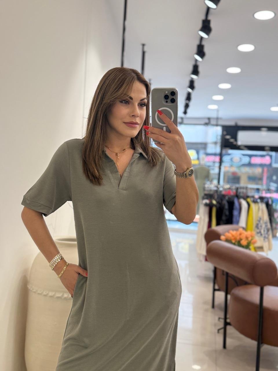 POLA YAKA BASİC ELBİSE YEŞİL
