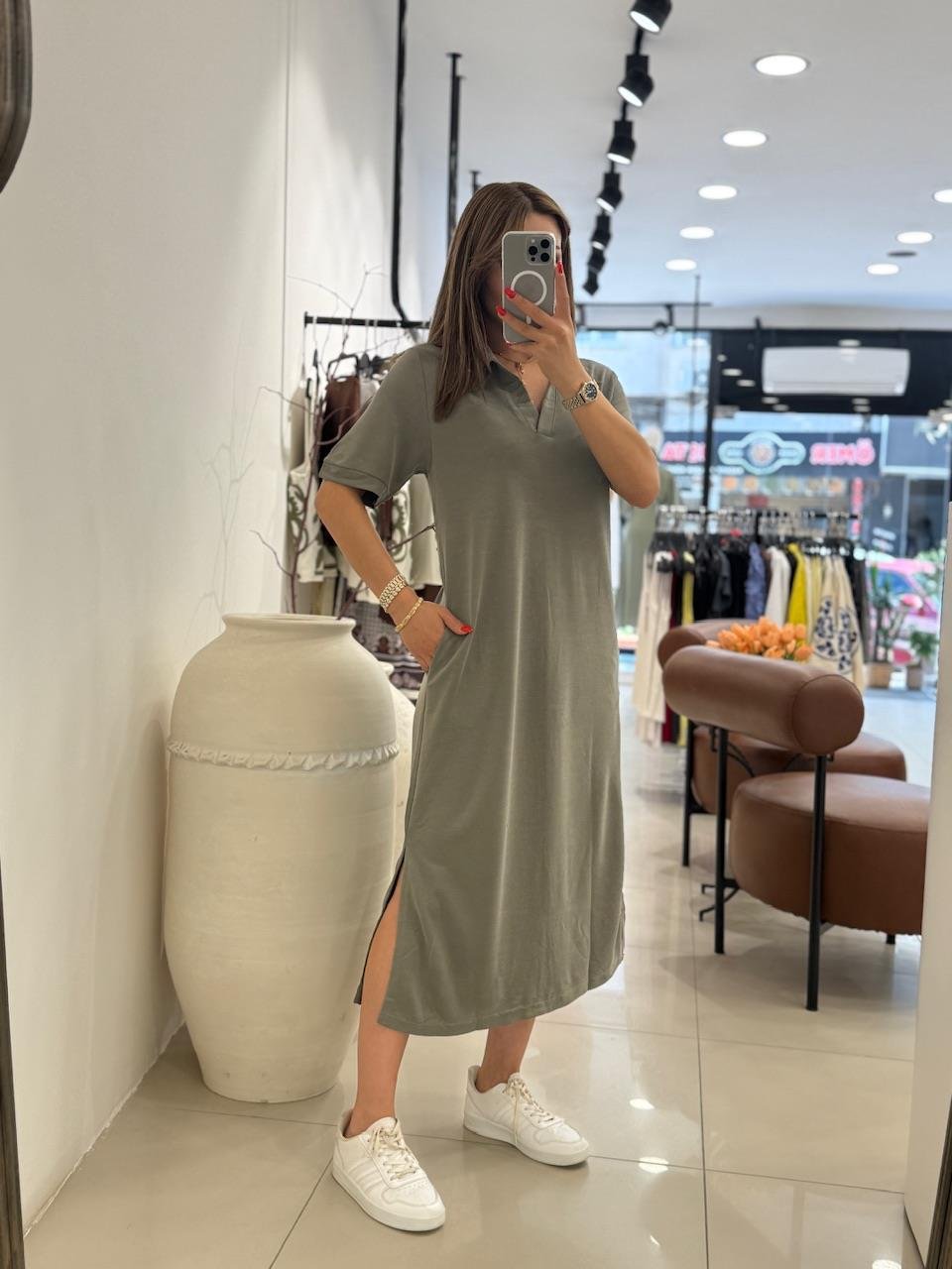 POLA YAKA BASİC ELBİSE YEŞİL