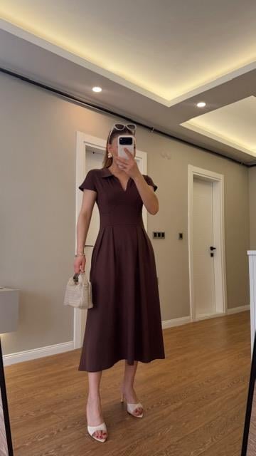 Polo Yaka Beli Pensli Max Elbise Kahve