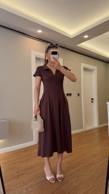 Polo Yaka Beli Pensli Max Elbise Kahve