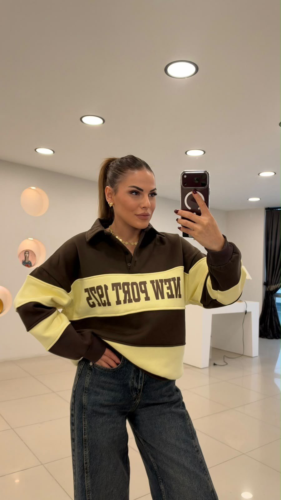 Polo Yaka Kalın Çizgili Baskılı Sweatshırt Sarı-Kahve