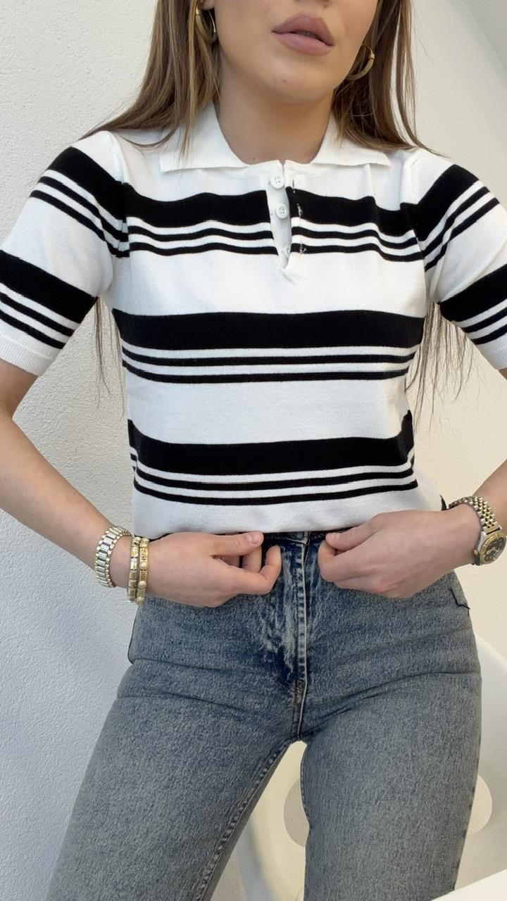 POLO YAKA SİYAH ÇİZGİLİ PAMUK BASİC TRİKO