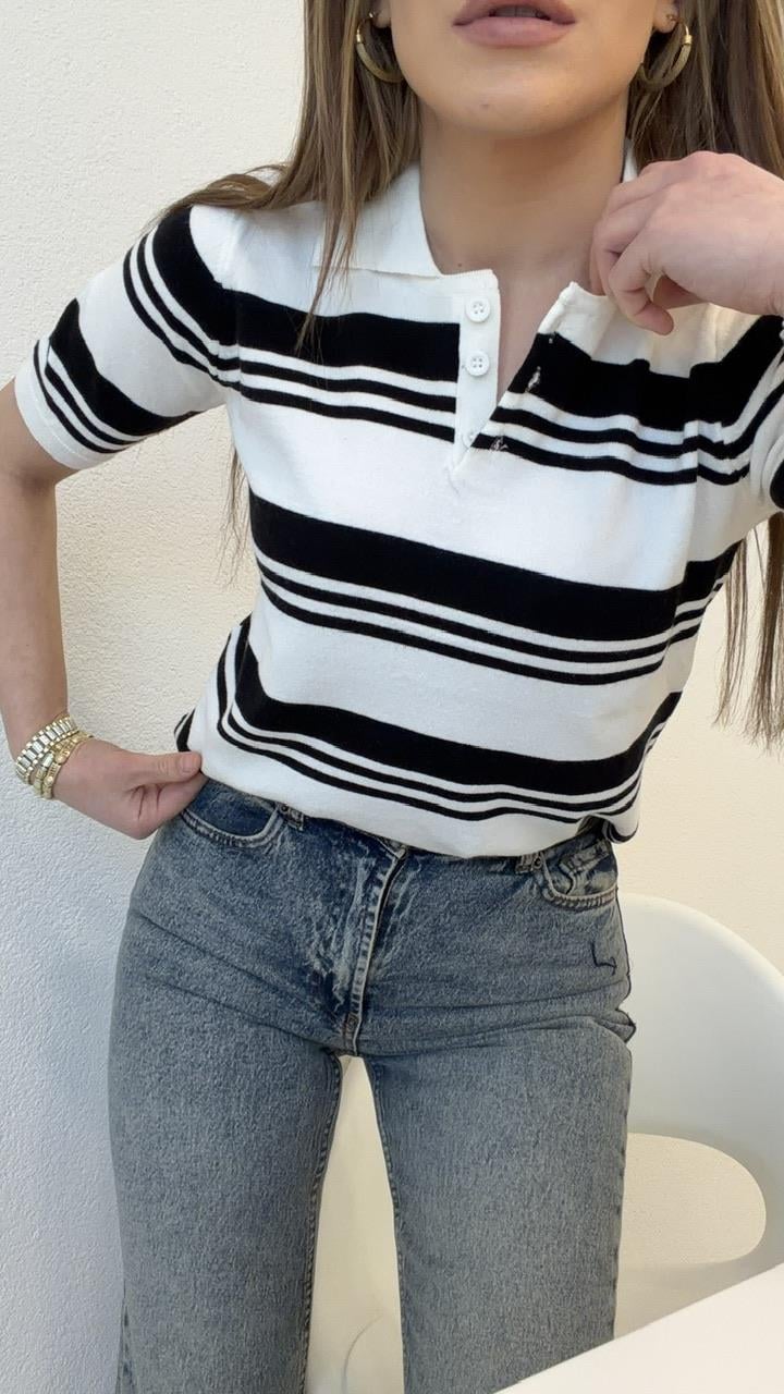 POLO YAKA SİYAH ÇİZGİLİ PAMUK BASİC TRİKO