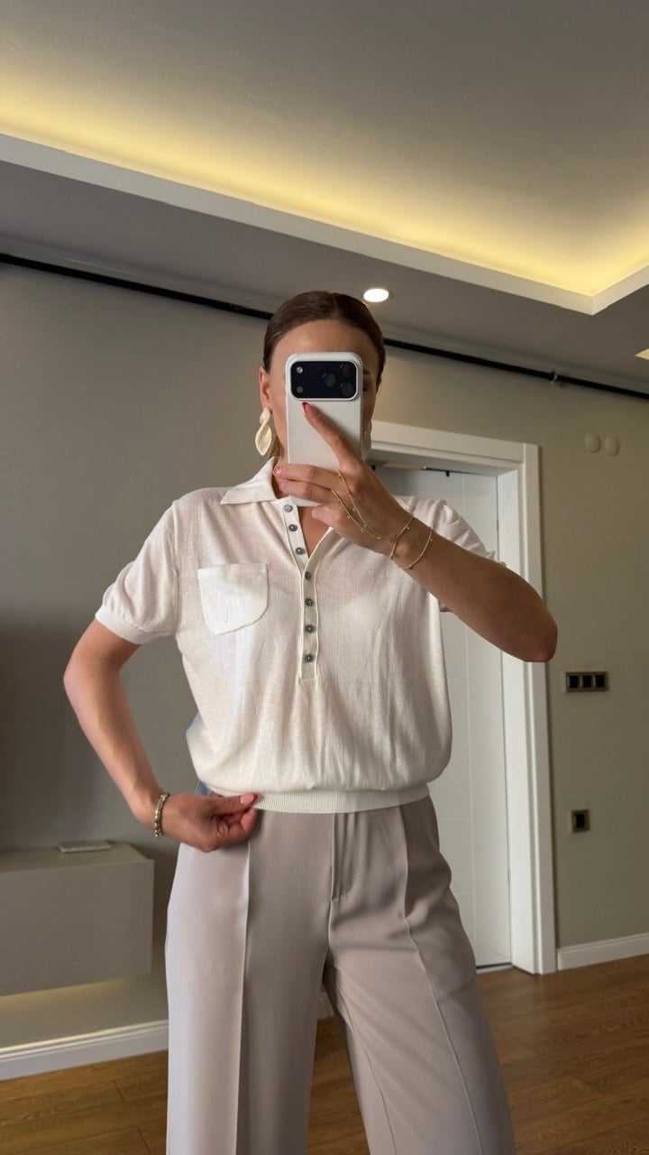 POLO YAKA TRİKO BLUZ EKRU