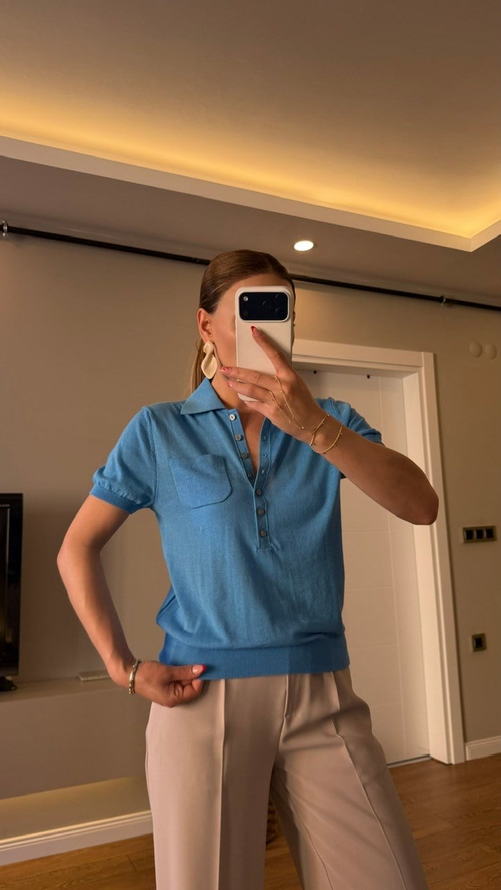 POLO YAKA TRİKO BLUZ TURKUAZ
