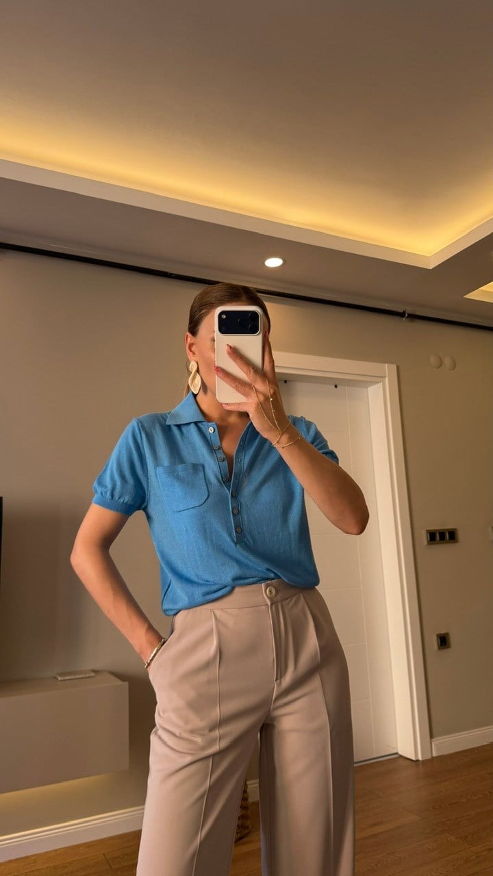 POLO YAKA TRİKO BLUZ TURKUAZ