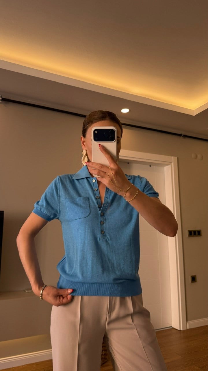 POLO YAKA TRİKO BLUZ TURKUAZ