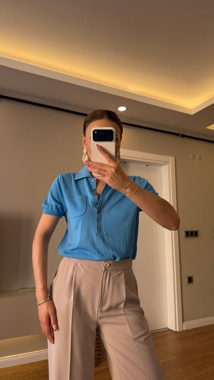 POLO YAKA TRİKO BLUZ TURKUAZ