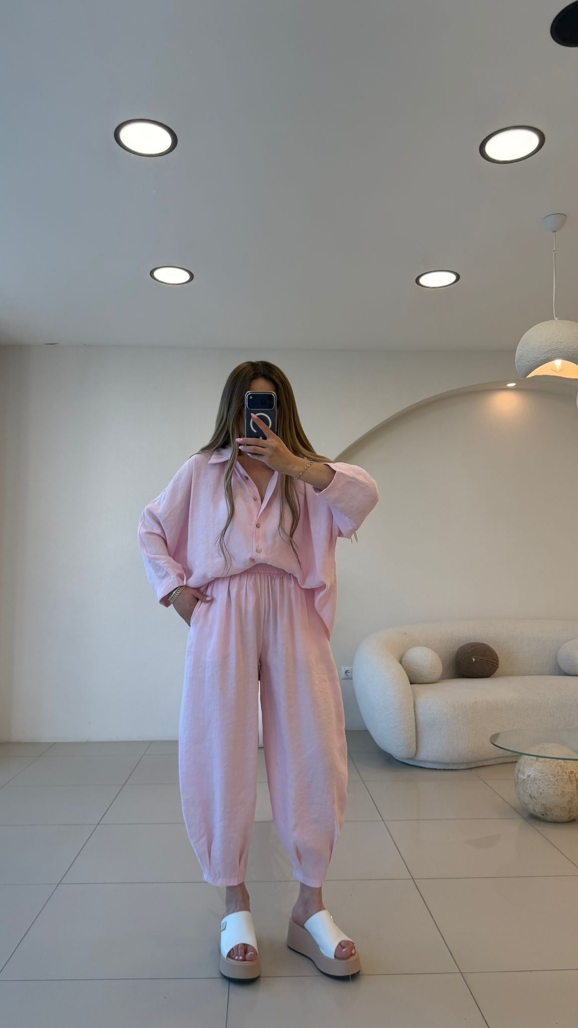 Premium Seri Ayrobin Keten Takım Toz Pembe