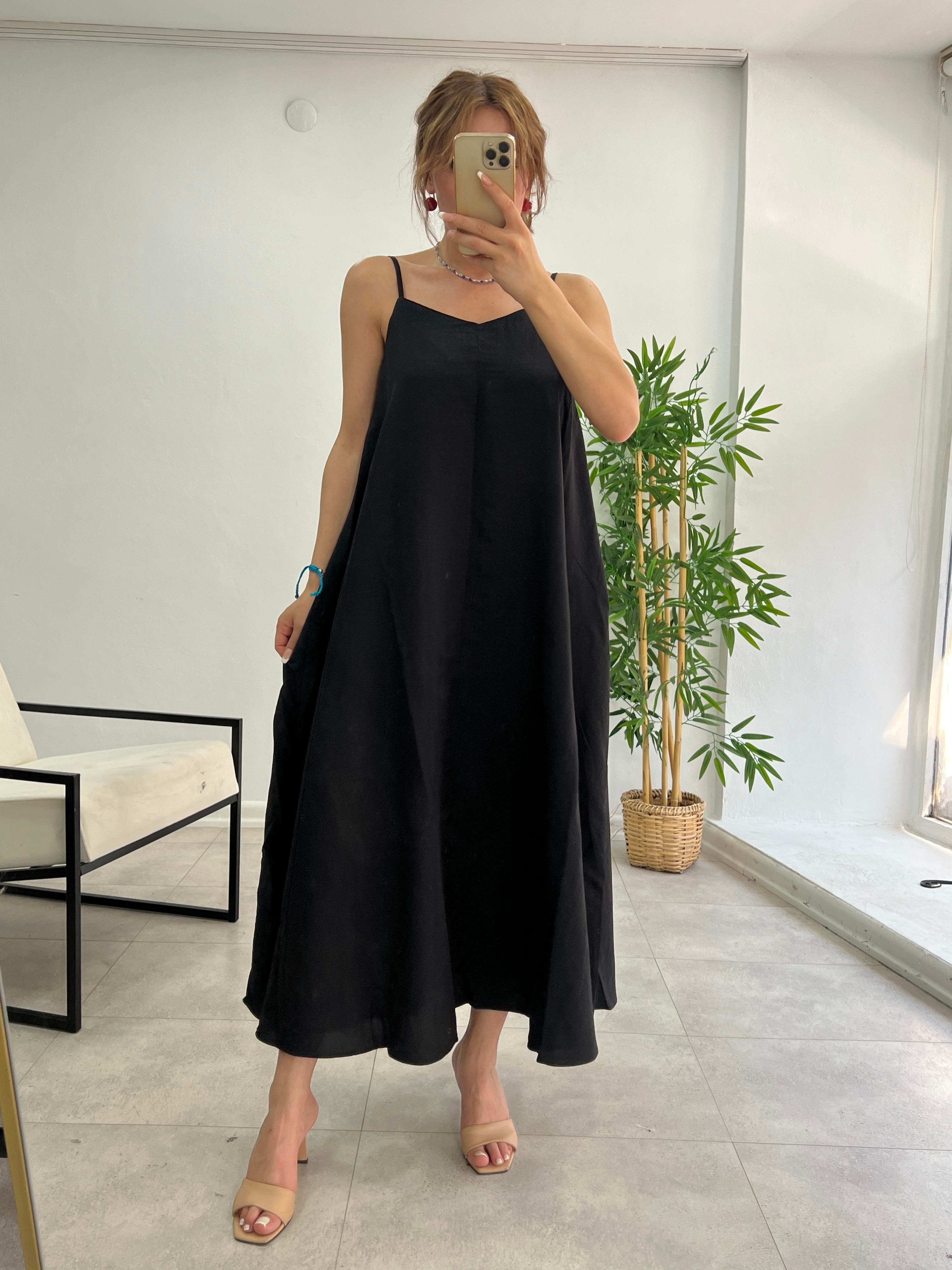 PREMİUM SERİ BASİC SALAŞ TENSEL ELBİSE SİYAH