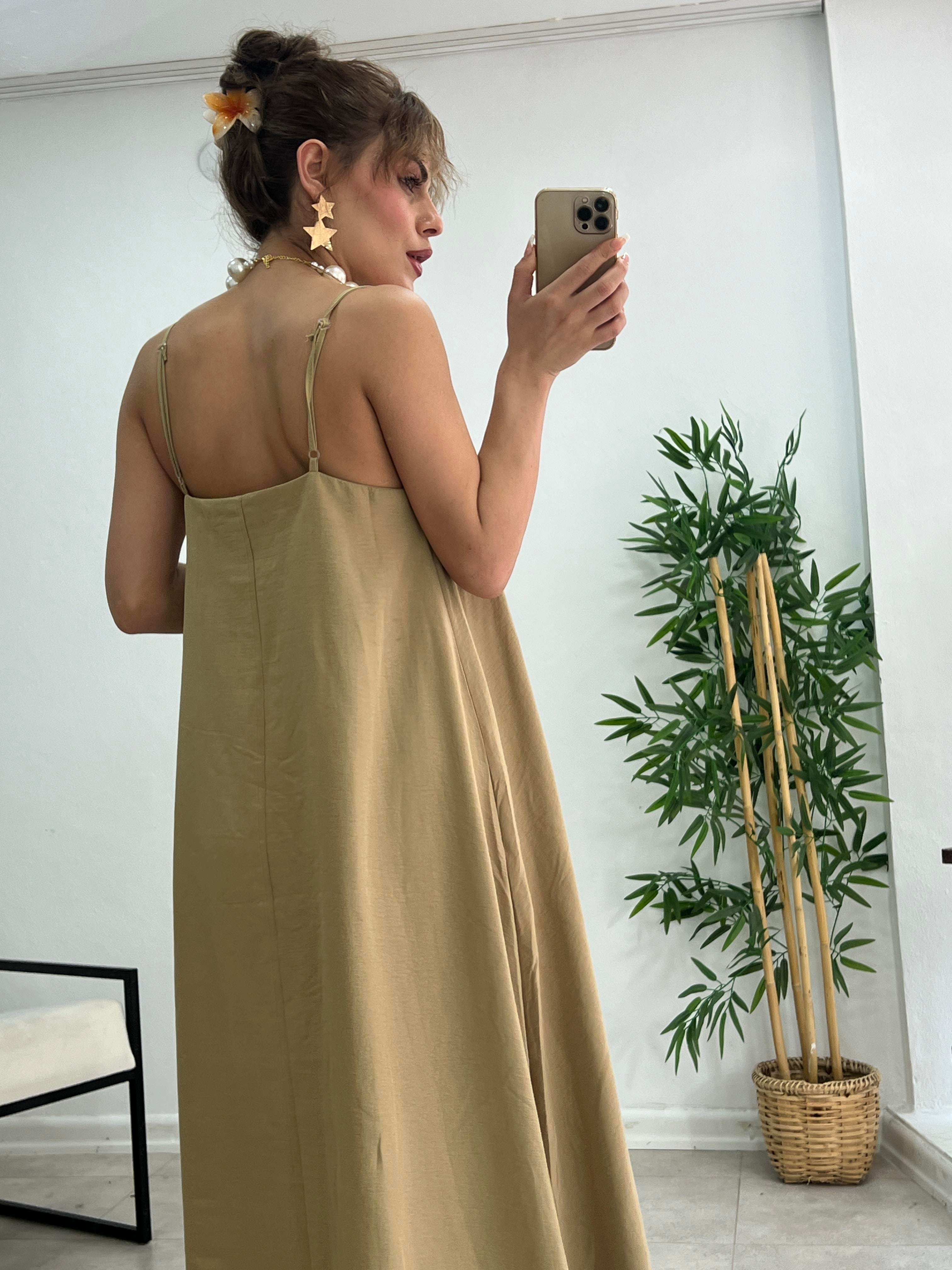 PREMİUM SERİ BASİC SALAŞ TENSEL ELBİSE OLİV 