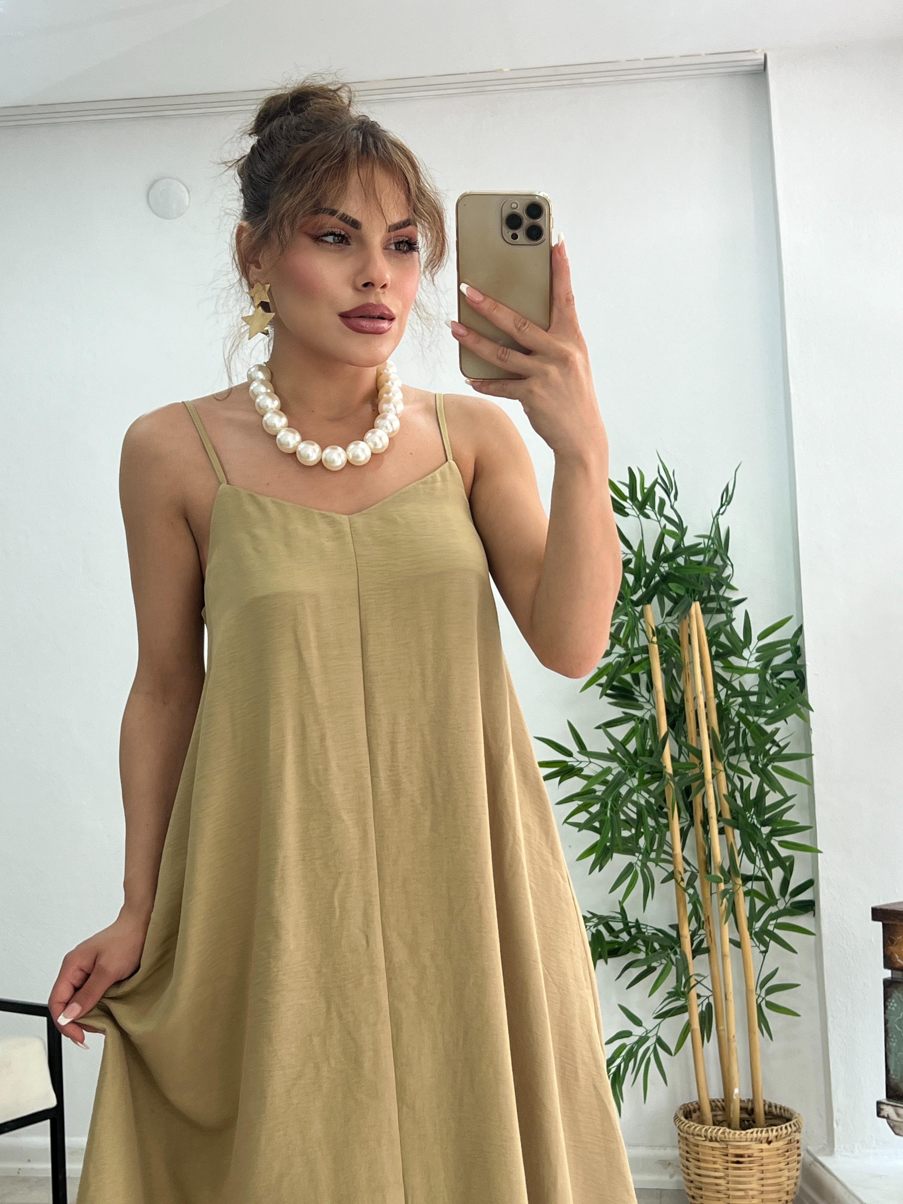 PREMİUM SERİ BASİC SALAŞ TENSEL ELBİSE OLİV 