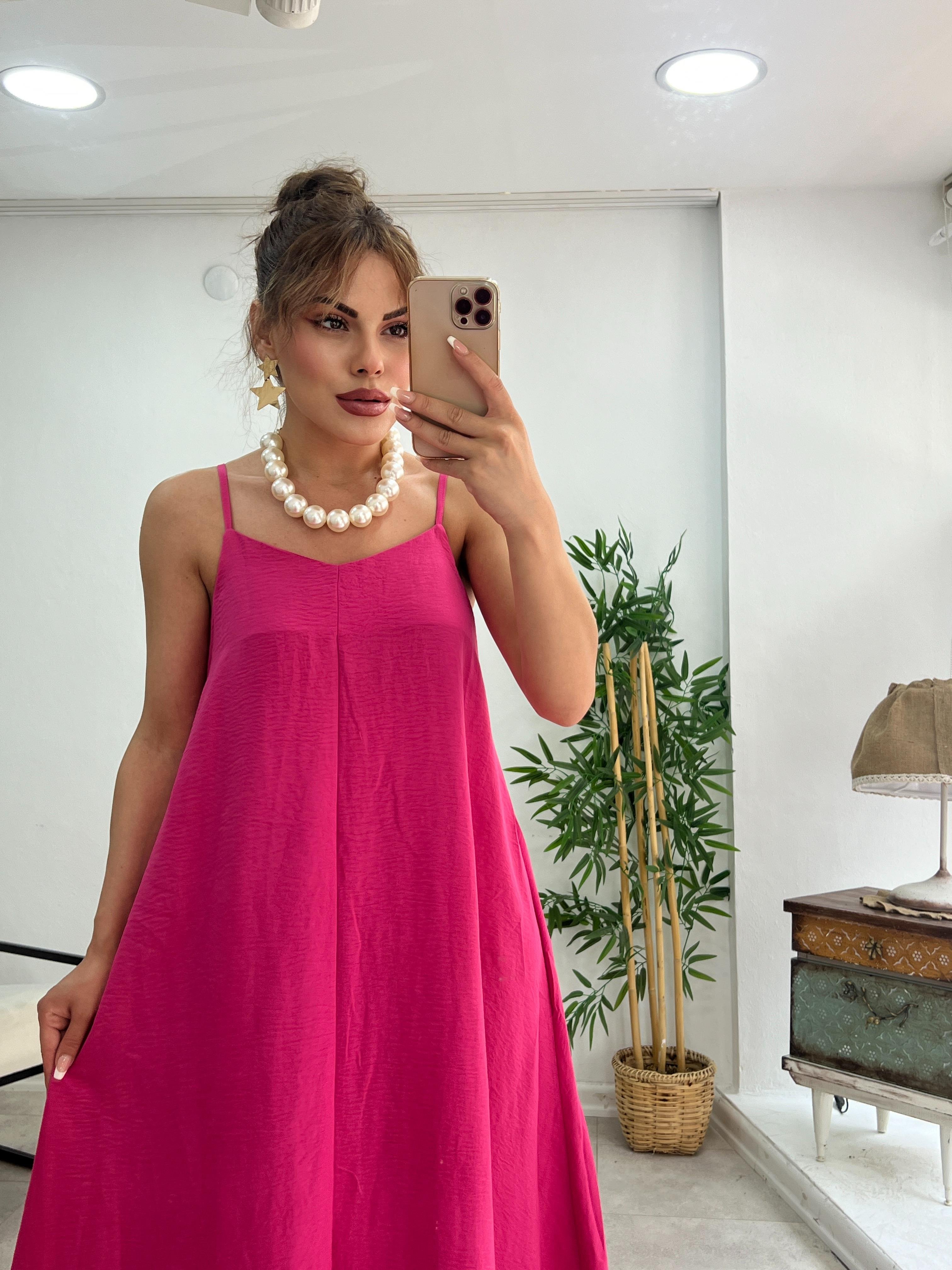 PREMİUM SERİ BASİC SALAŞ TENSEL ELBİSE FUŞYA