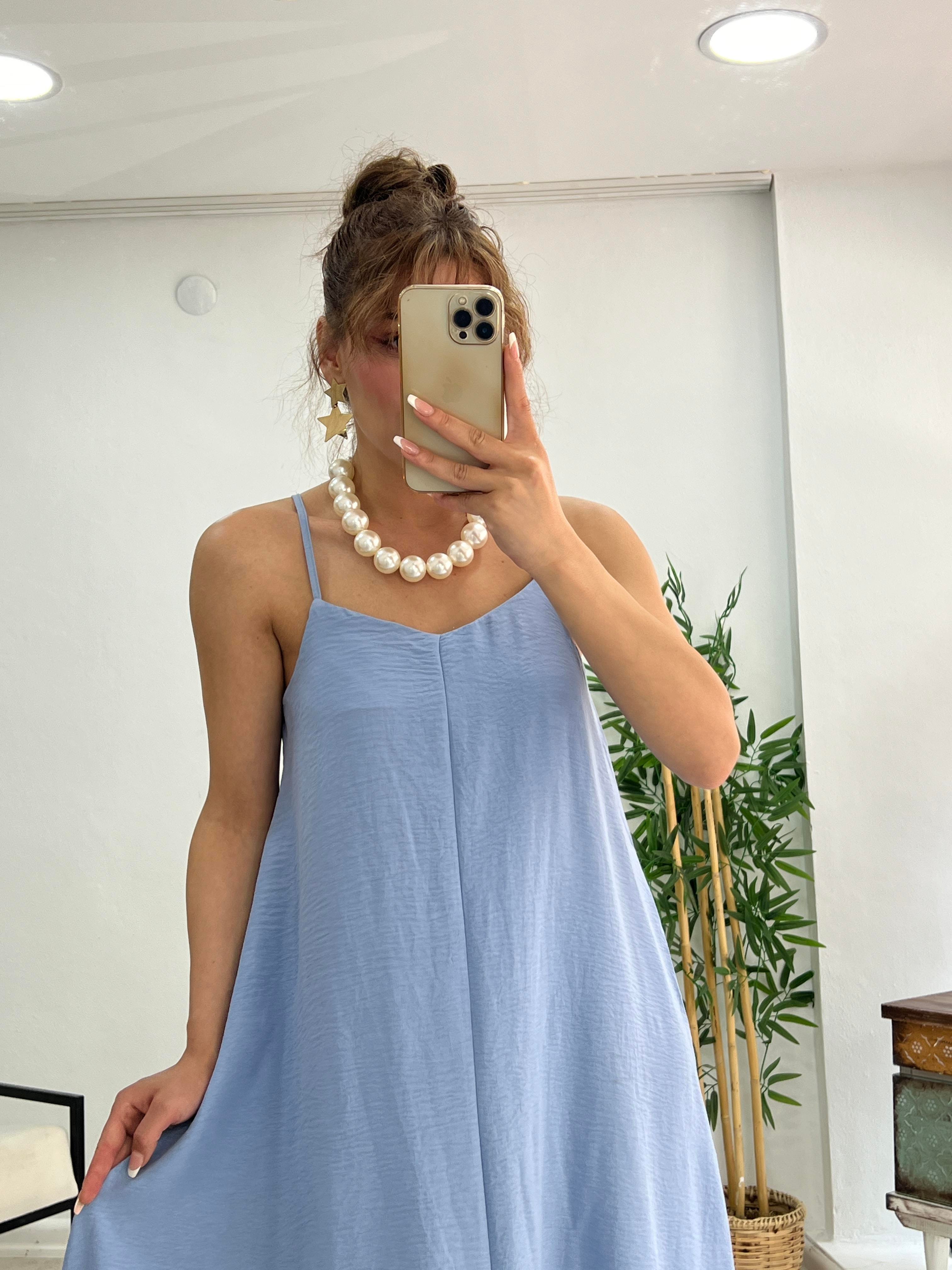 PREMİUM SERİ BASİC SALAŞ TENSEL ELBİSE PASTEL MAVİ