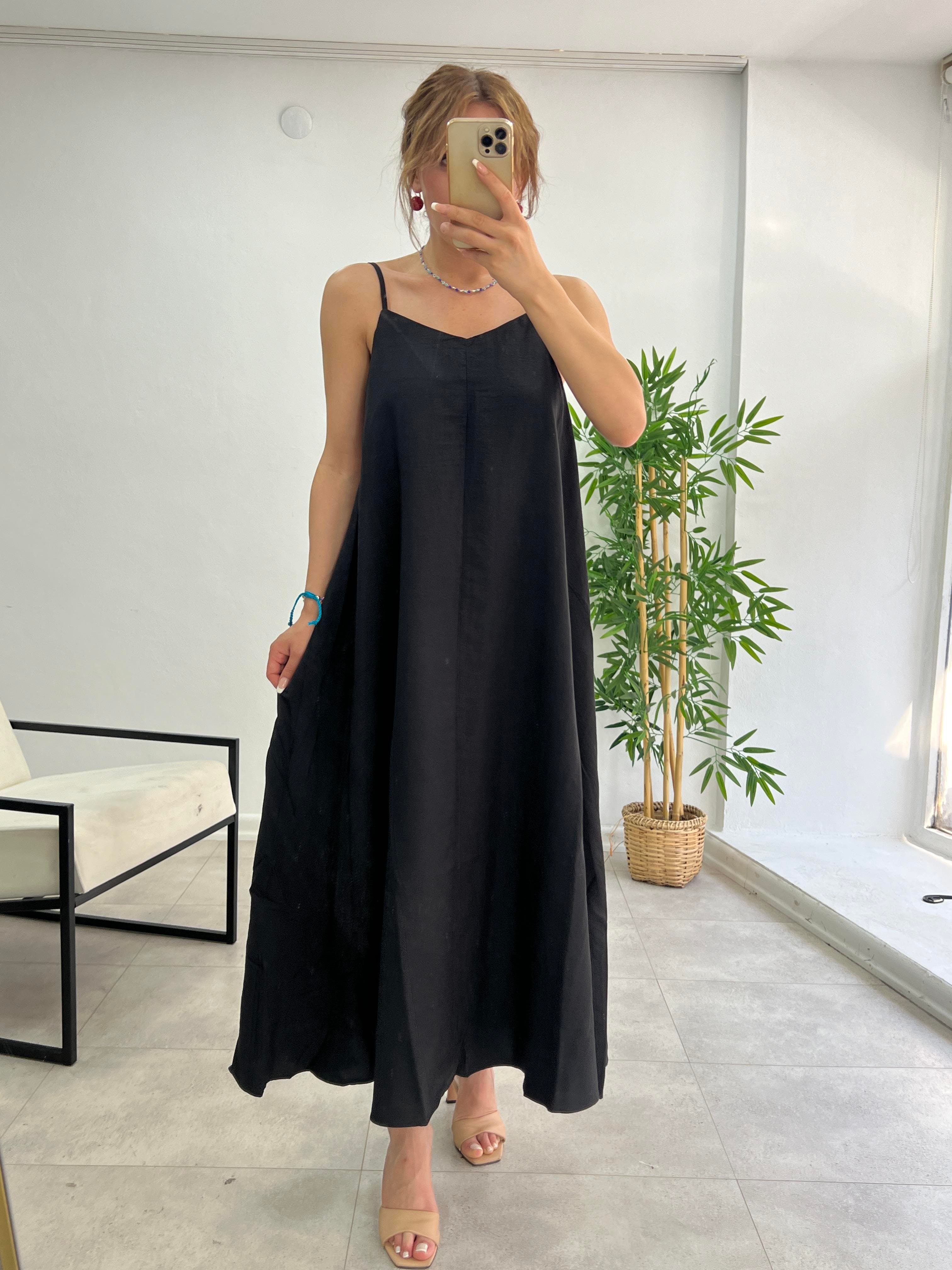 PREMİUM SERİ BASİC SALAŞ TENSEL ELBİSE SİYAH