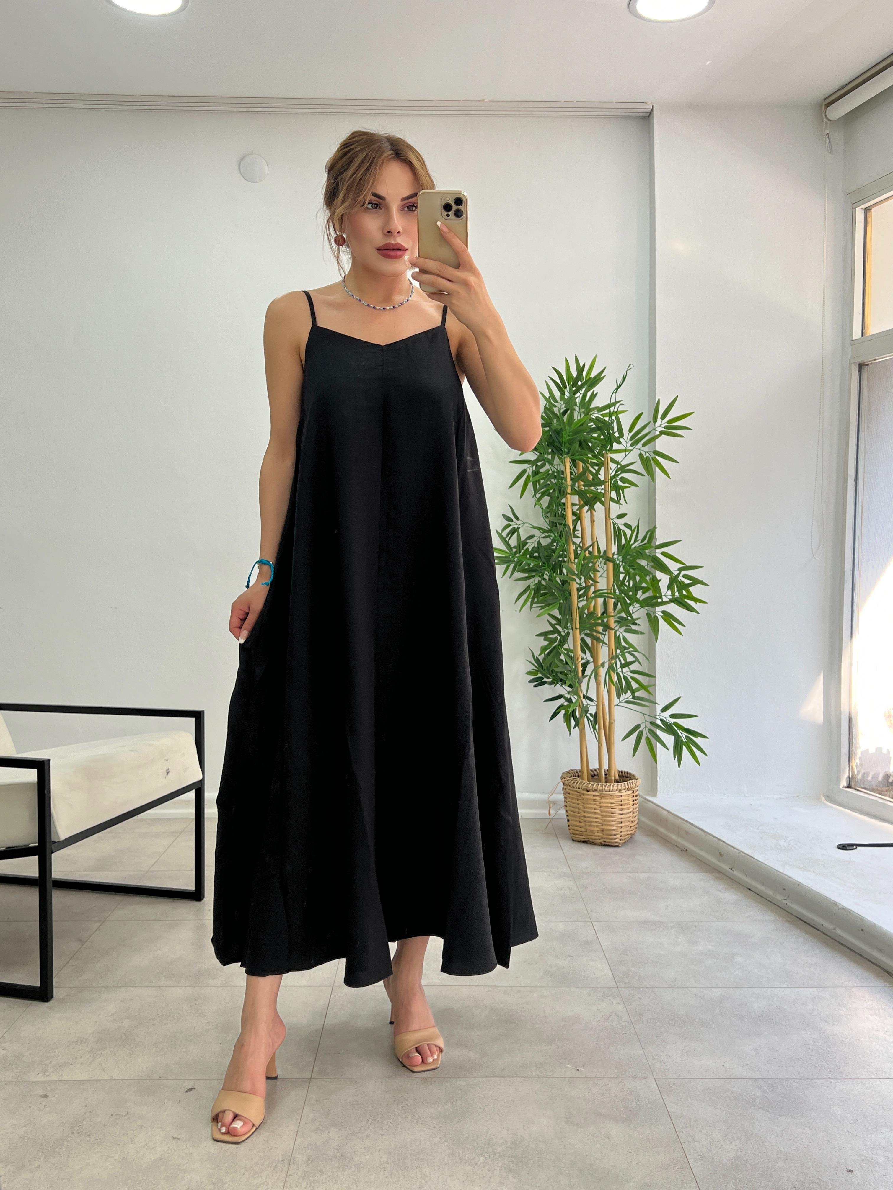 PREMİUM SERİ BASİC SALAŞ TENSEL ELBİSE SİYAH