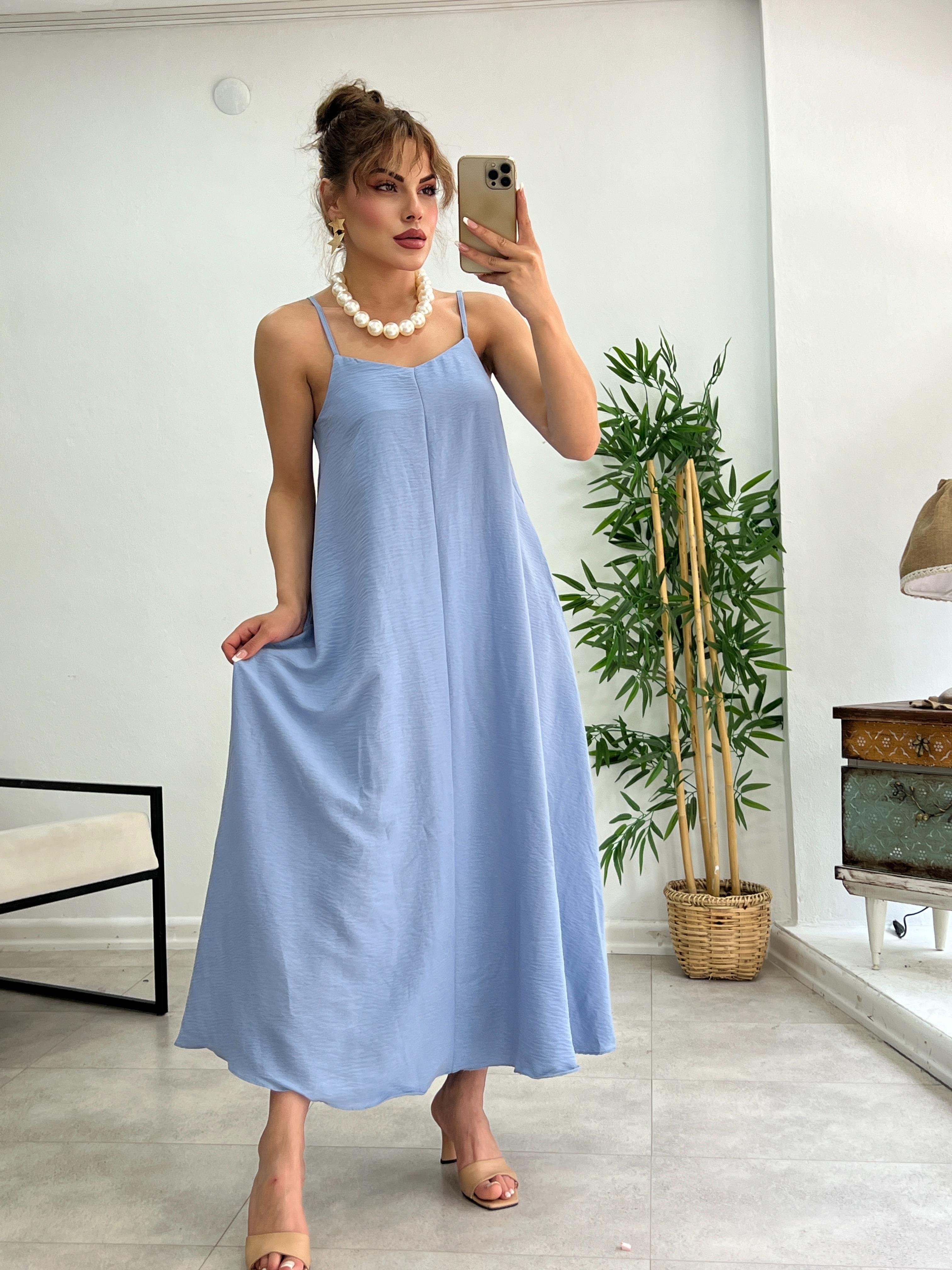 PREMİUM SERİ BASİC SALAŞ TENSEL ELBİSE PASTEL MAVİ