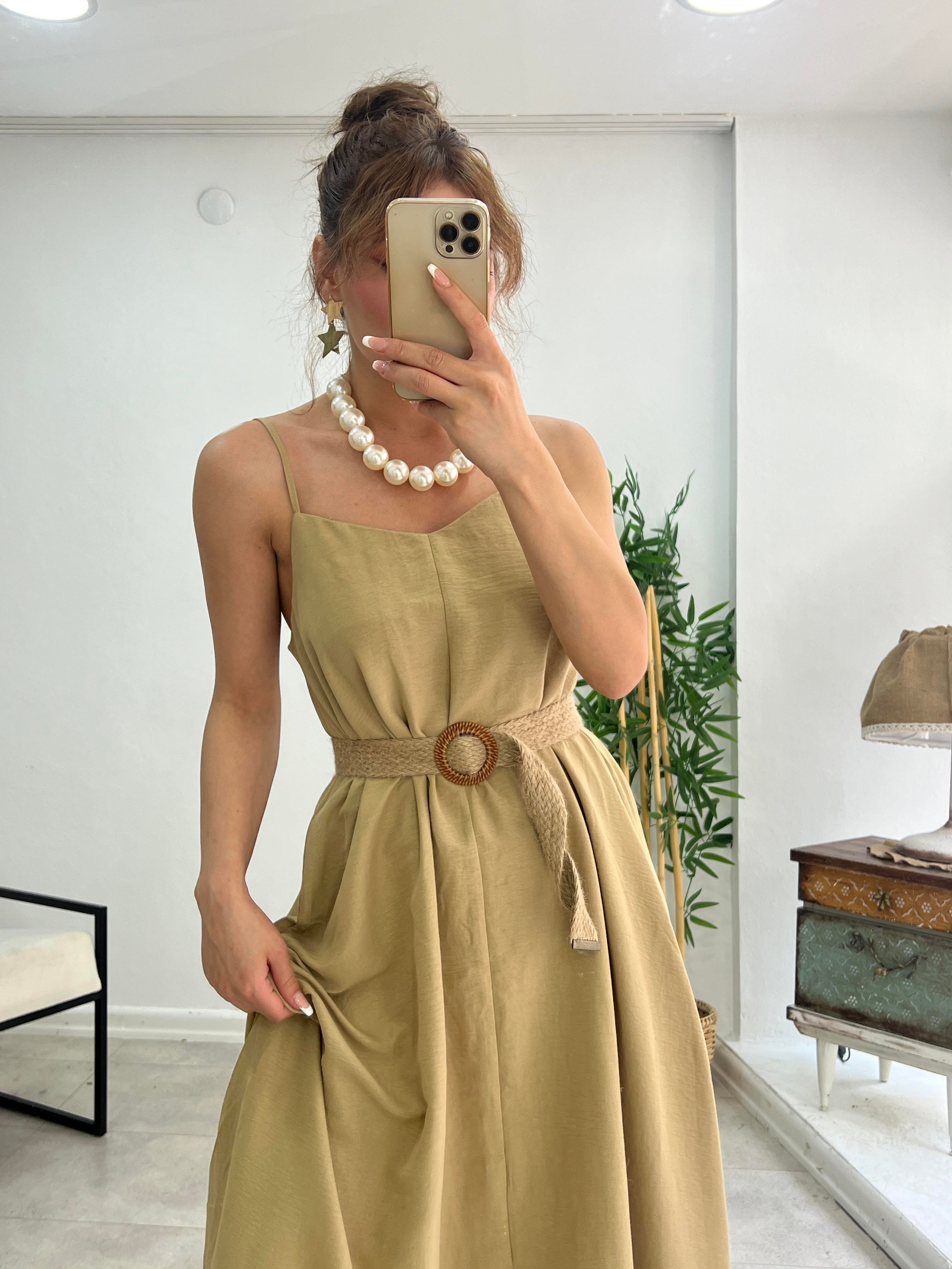 PREMİUM SERİ BASİC SALAŞ TENSEL ELBİSE OLİV 