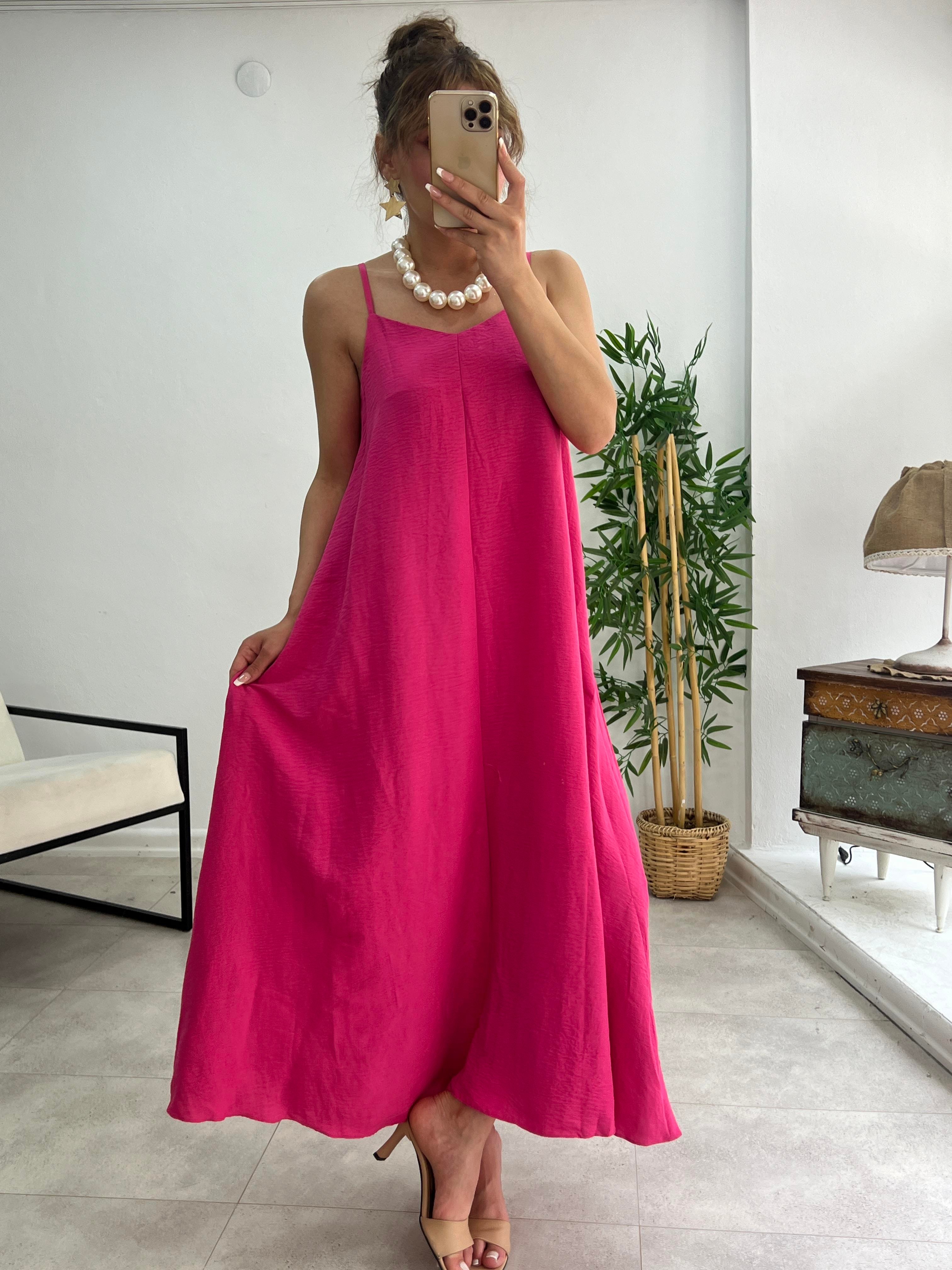 PREMİUM SERİ BASİC SALAŞ TENSEL ELBİSE FUŞYA