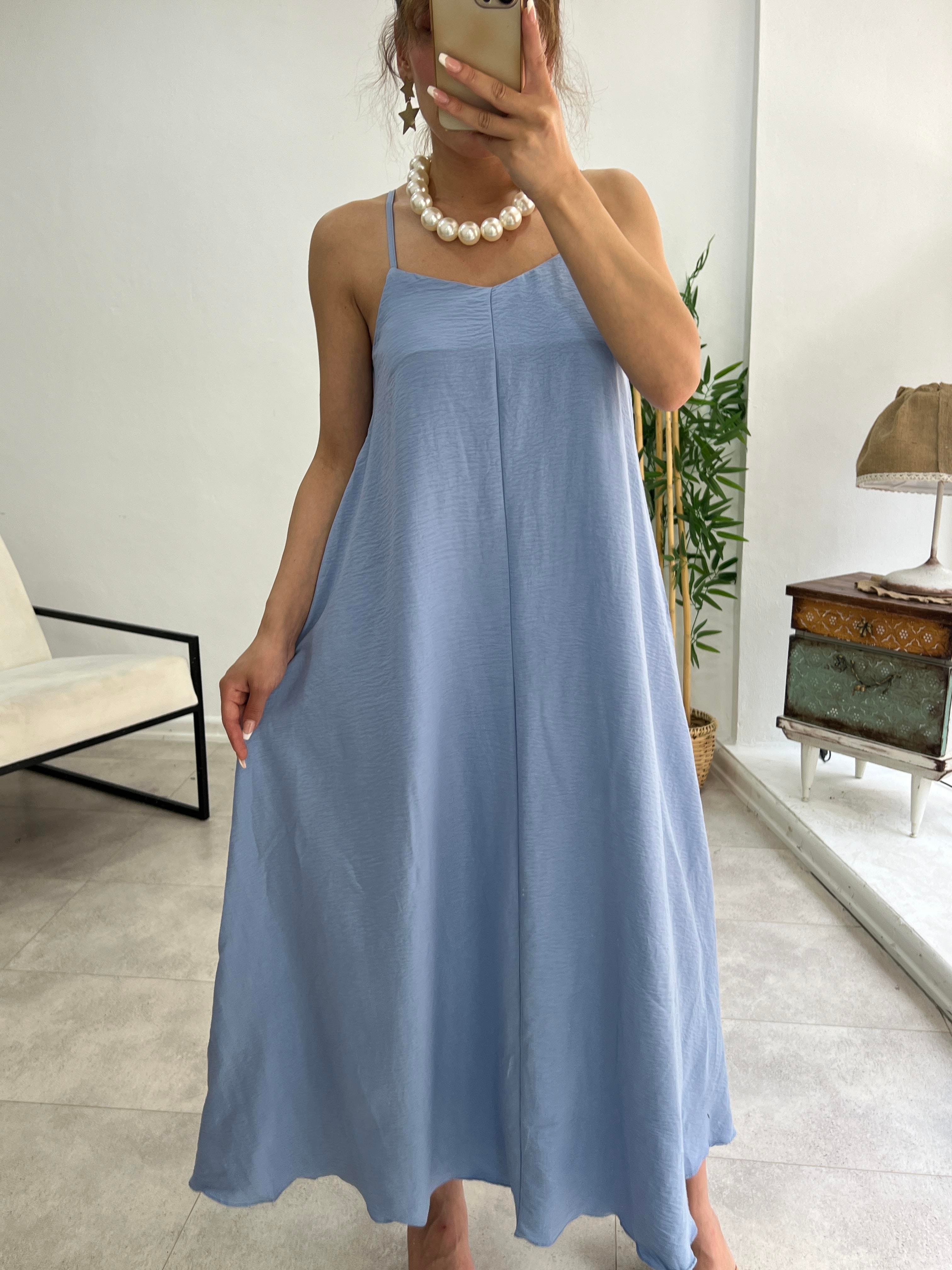 PREMİUM SERİ BASİC SALAŞ TENSEL ELBİSE PASTEL MAVİ