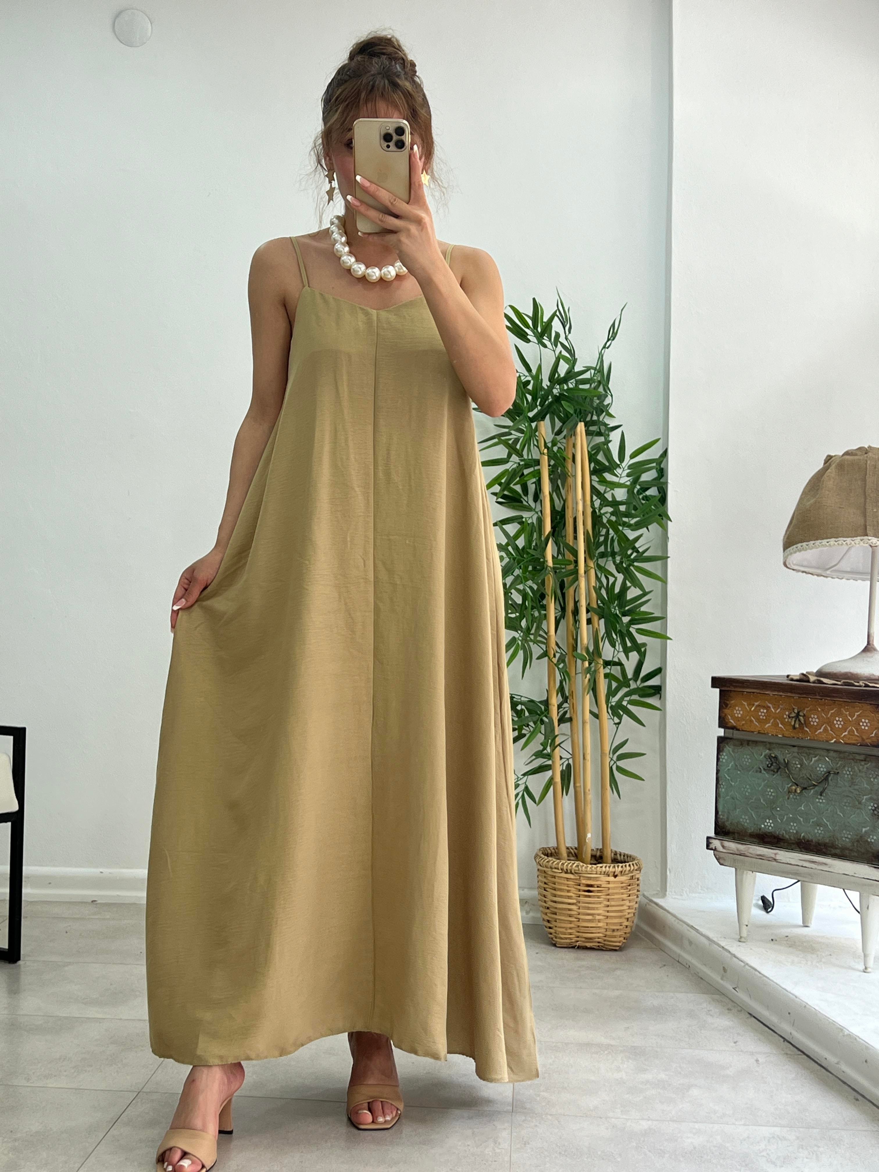 PREMİUM SERİ BASİC SALAŞ TENSEL ELBİSE OLİV 