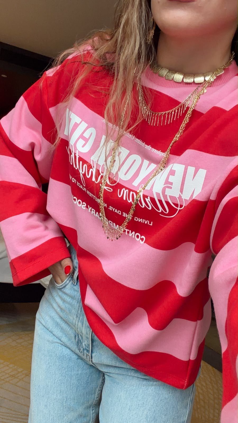 Premium Seri Baskılı Çizgili Sweatshirt