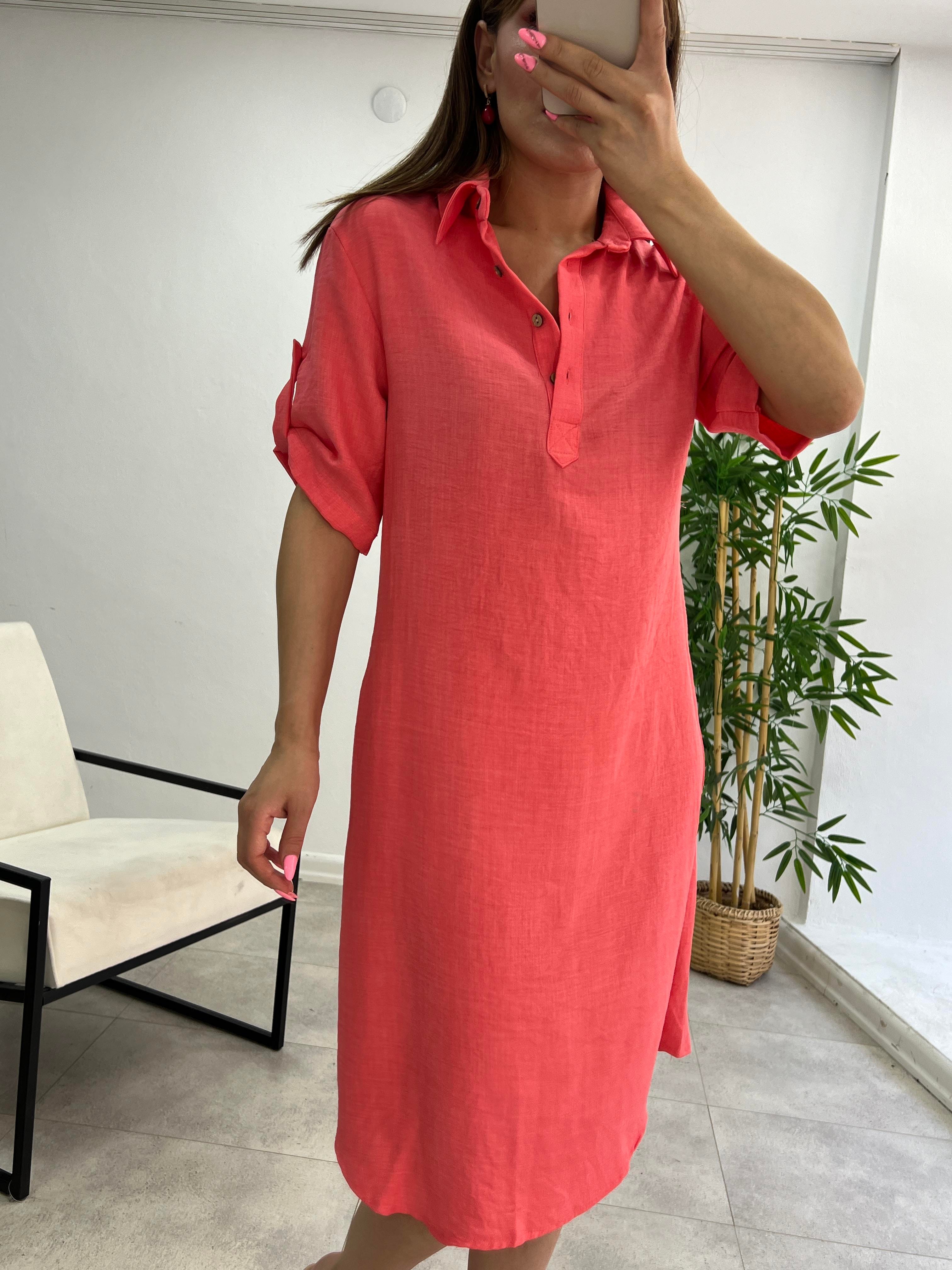 PREMİUM SERİ MİDİ BOY KETEN ELBİSE TOZ PEMBE 