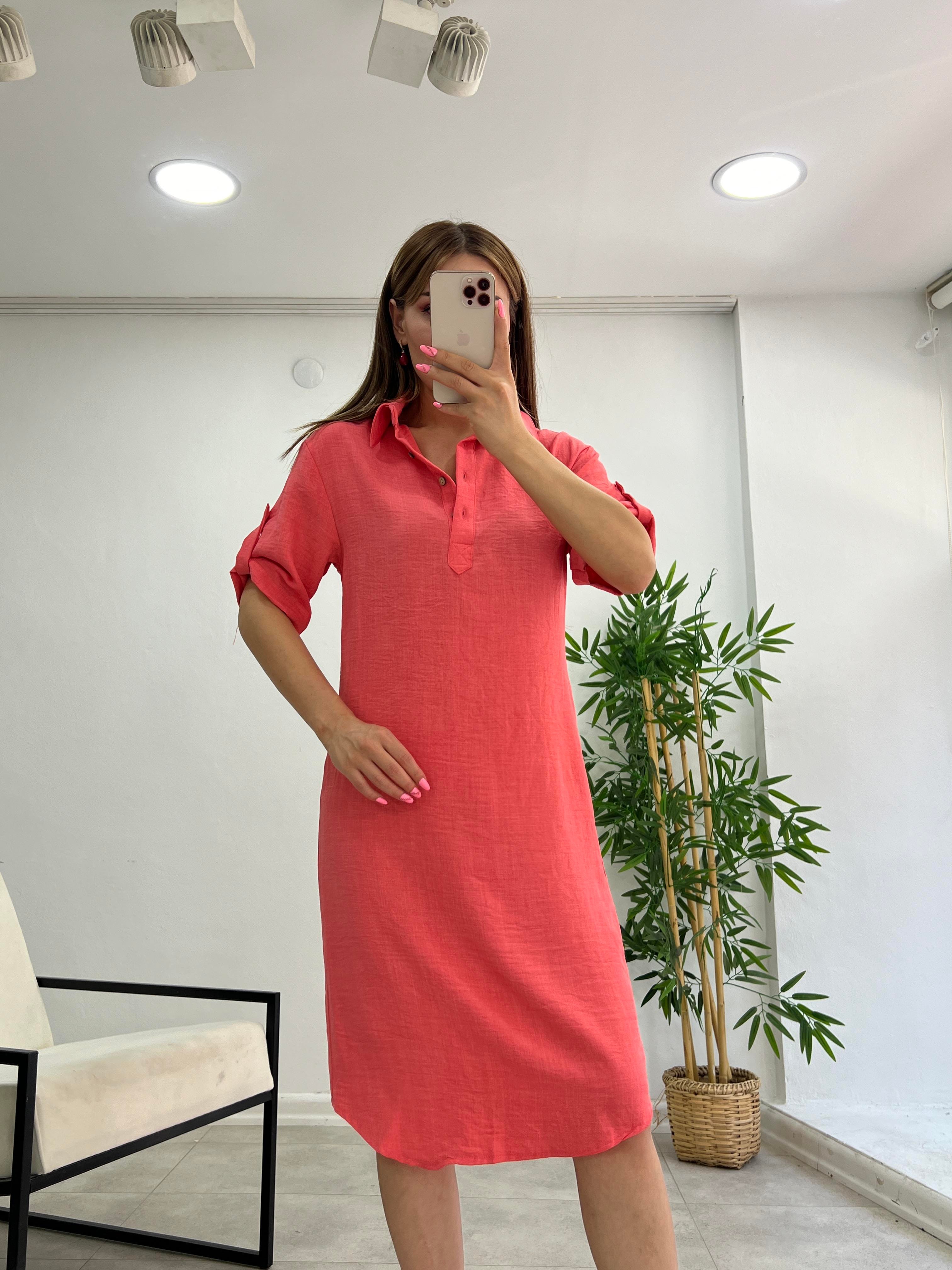 PREMİUM SERİ MİDİ BOY KETEN ELBİSE TOZ PEMBE 