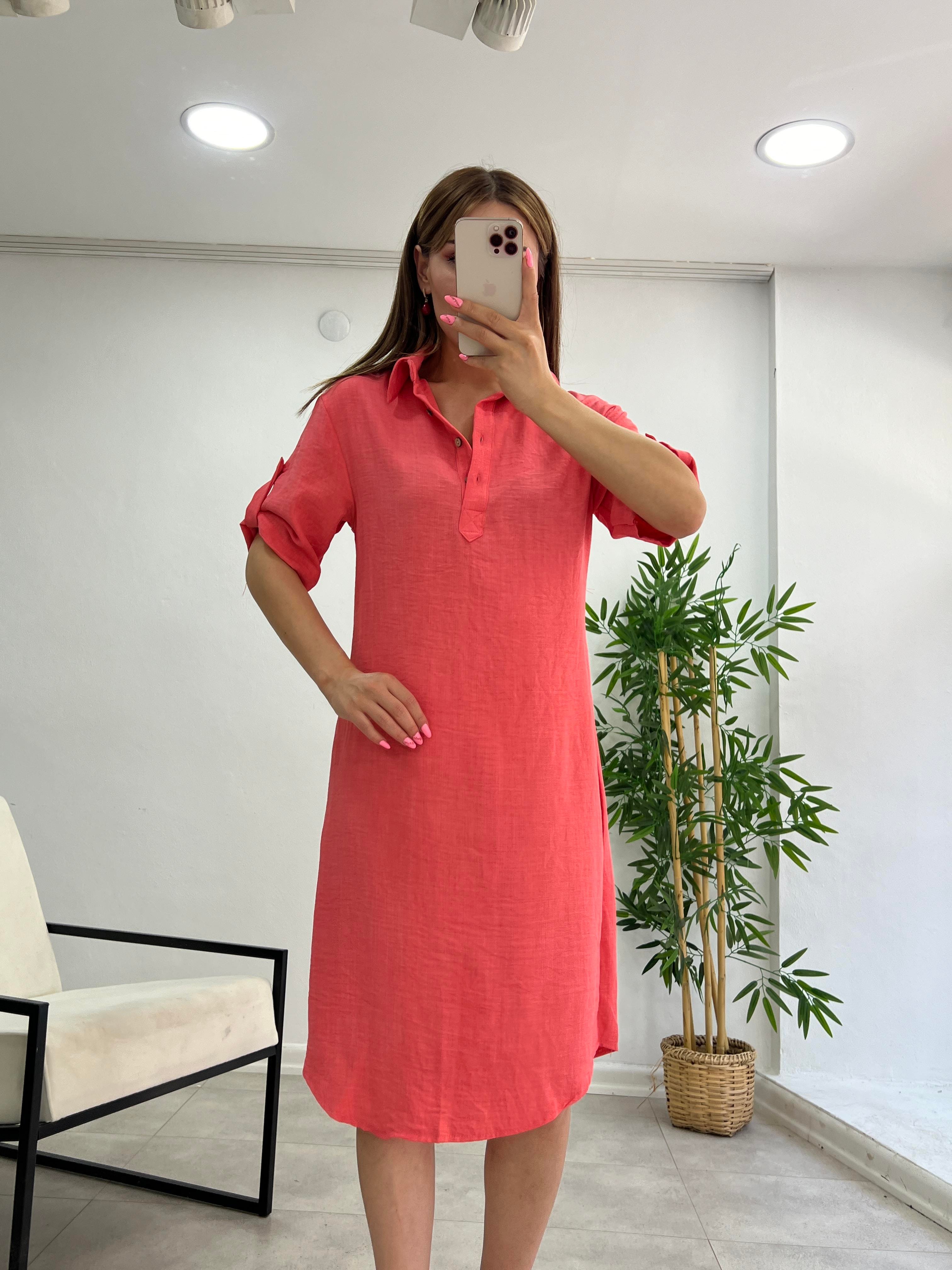 PREMİUM SERİ MİDİ BOY KETEN ELBİSE TOZ PEMBE 