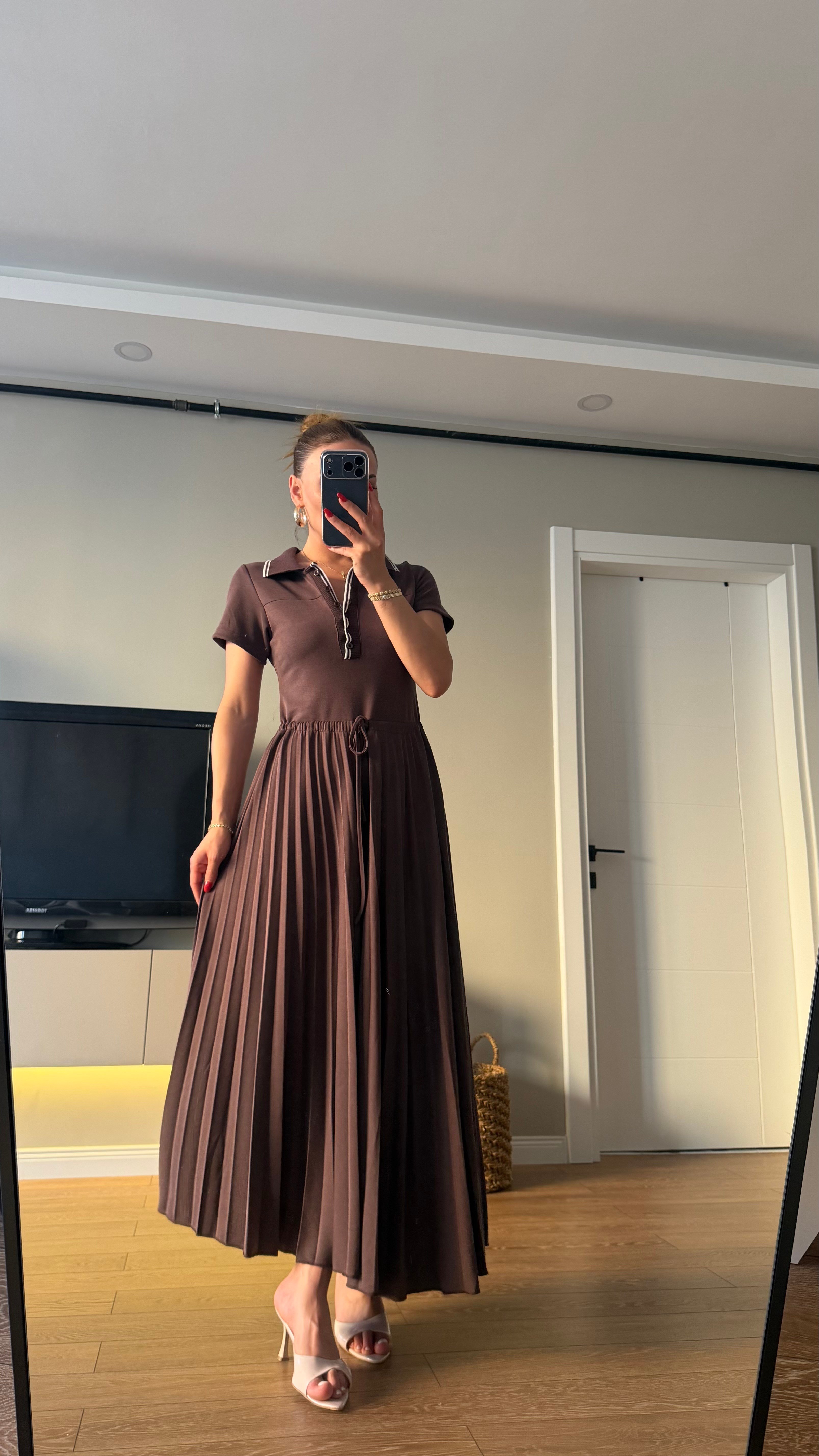 Premium Seri Pileli Bel Bağlamalı Modal Elbise Kahve