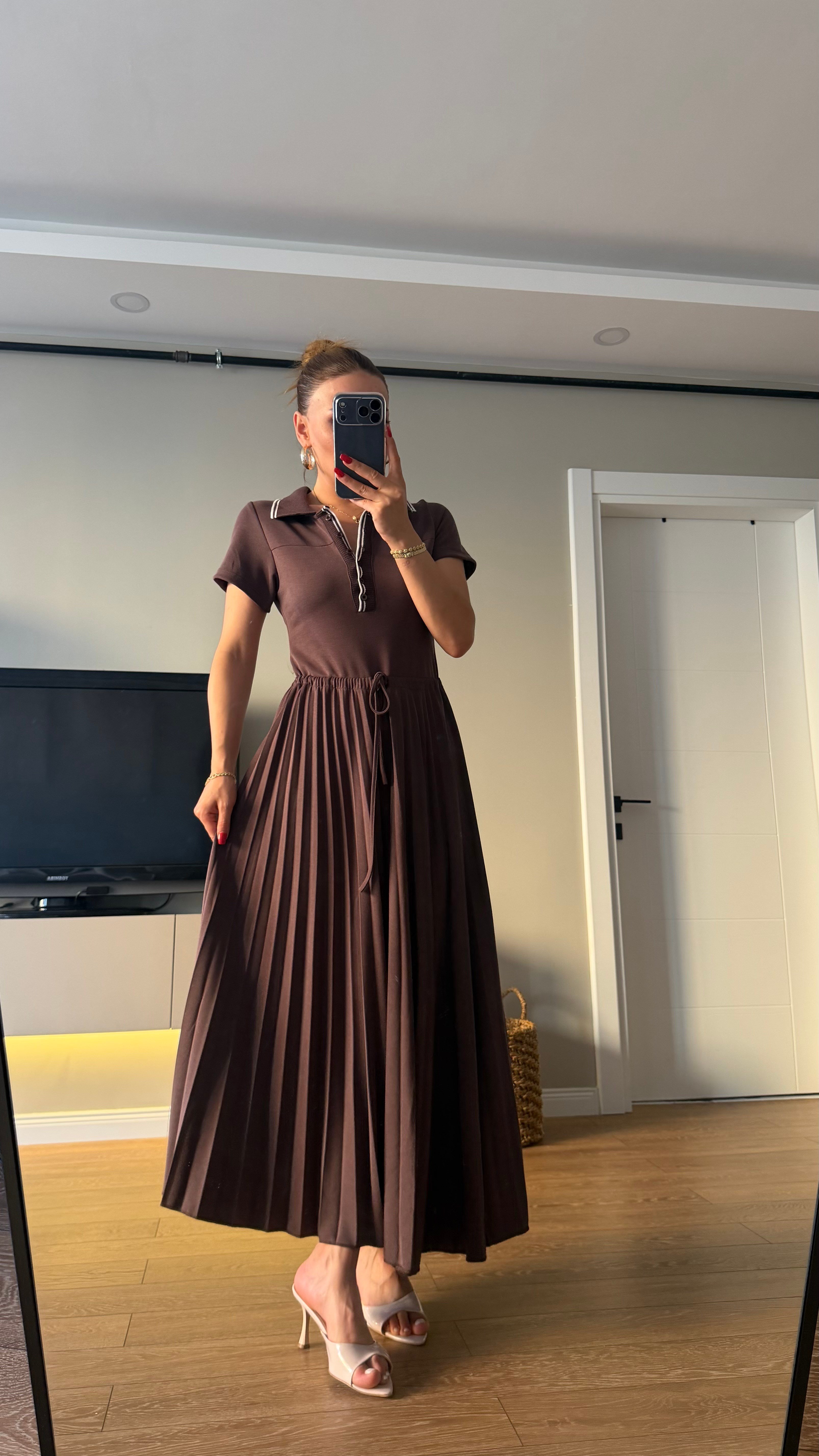 Premium Seri Pileli Bel Bağlamalı Modal Elbise Kahve