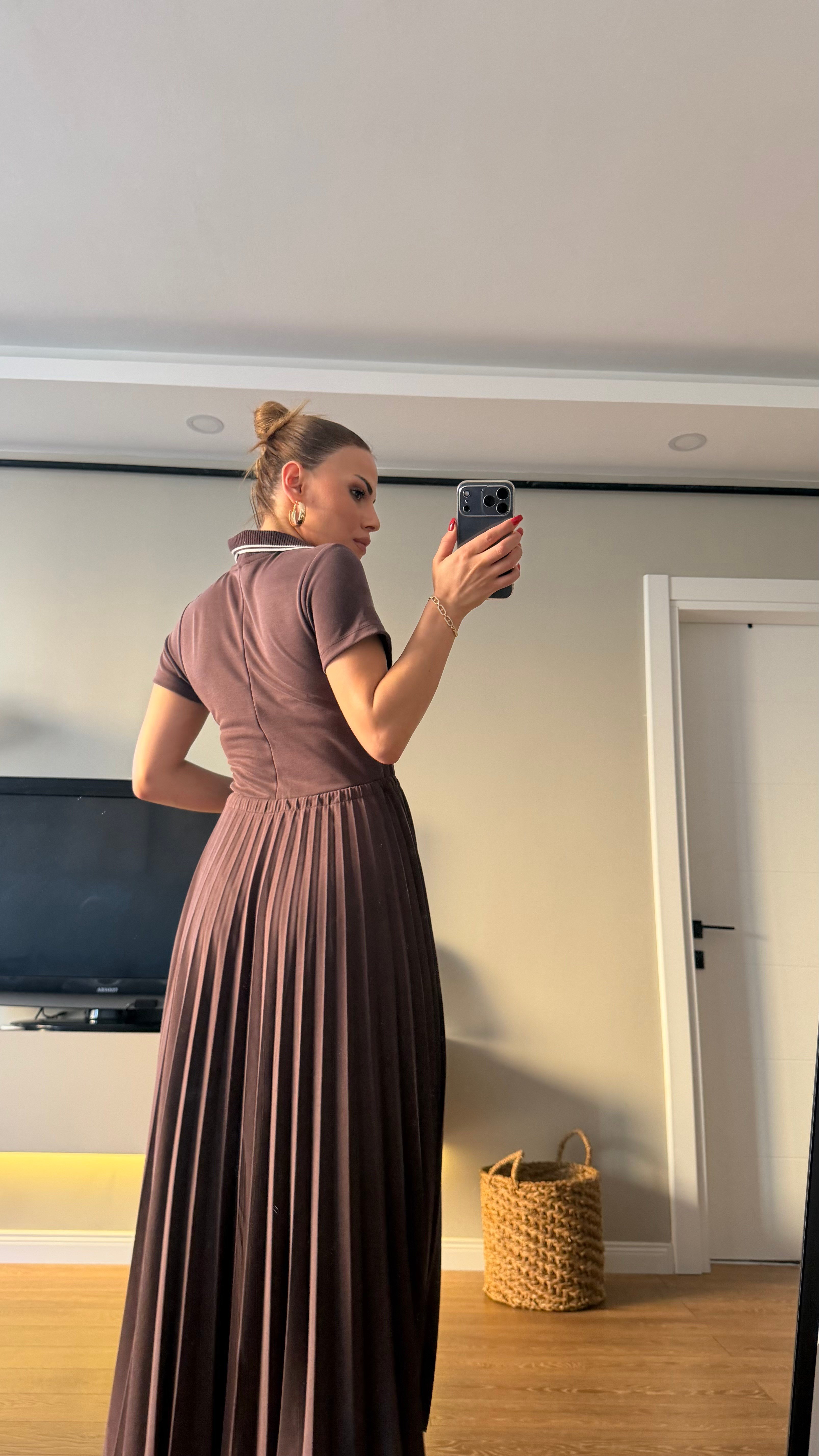 Premium Seri Pileli Bel Bağlamalı Modal Elbise Kahve