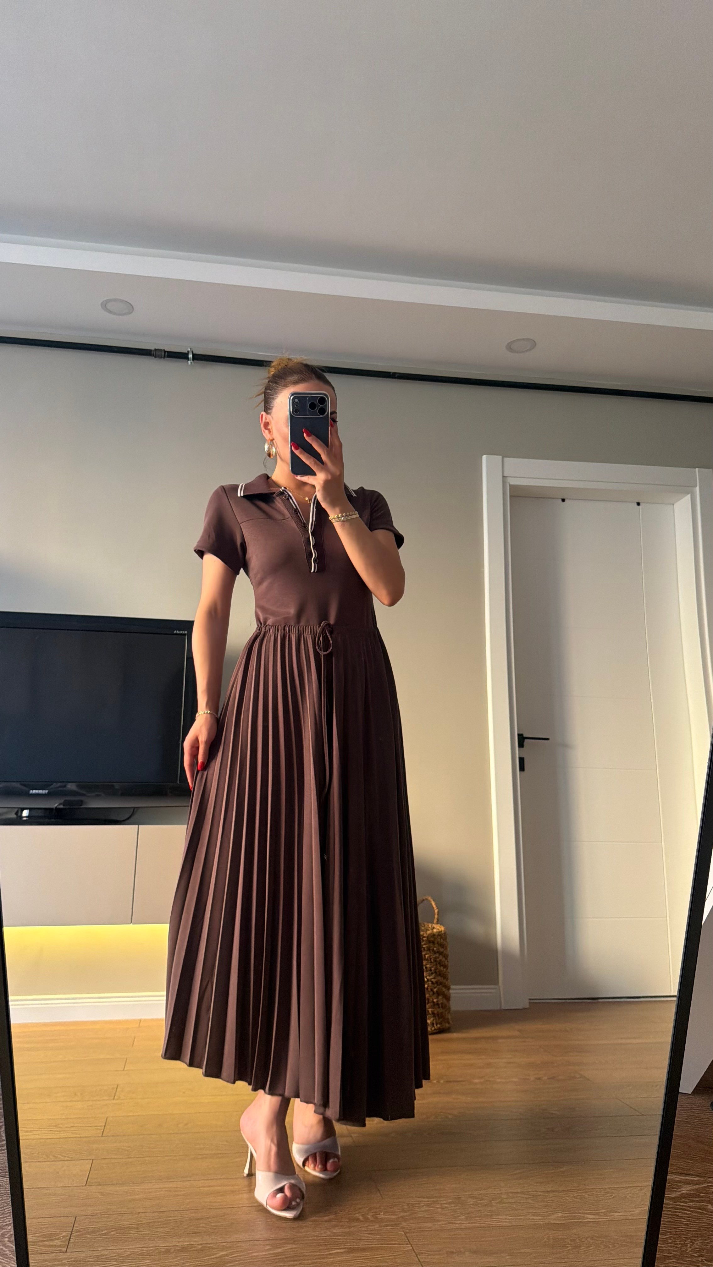 Premium Seri Pileli Bel Bağlamalı Modal Elbise Kahve
