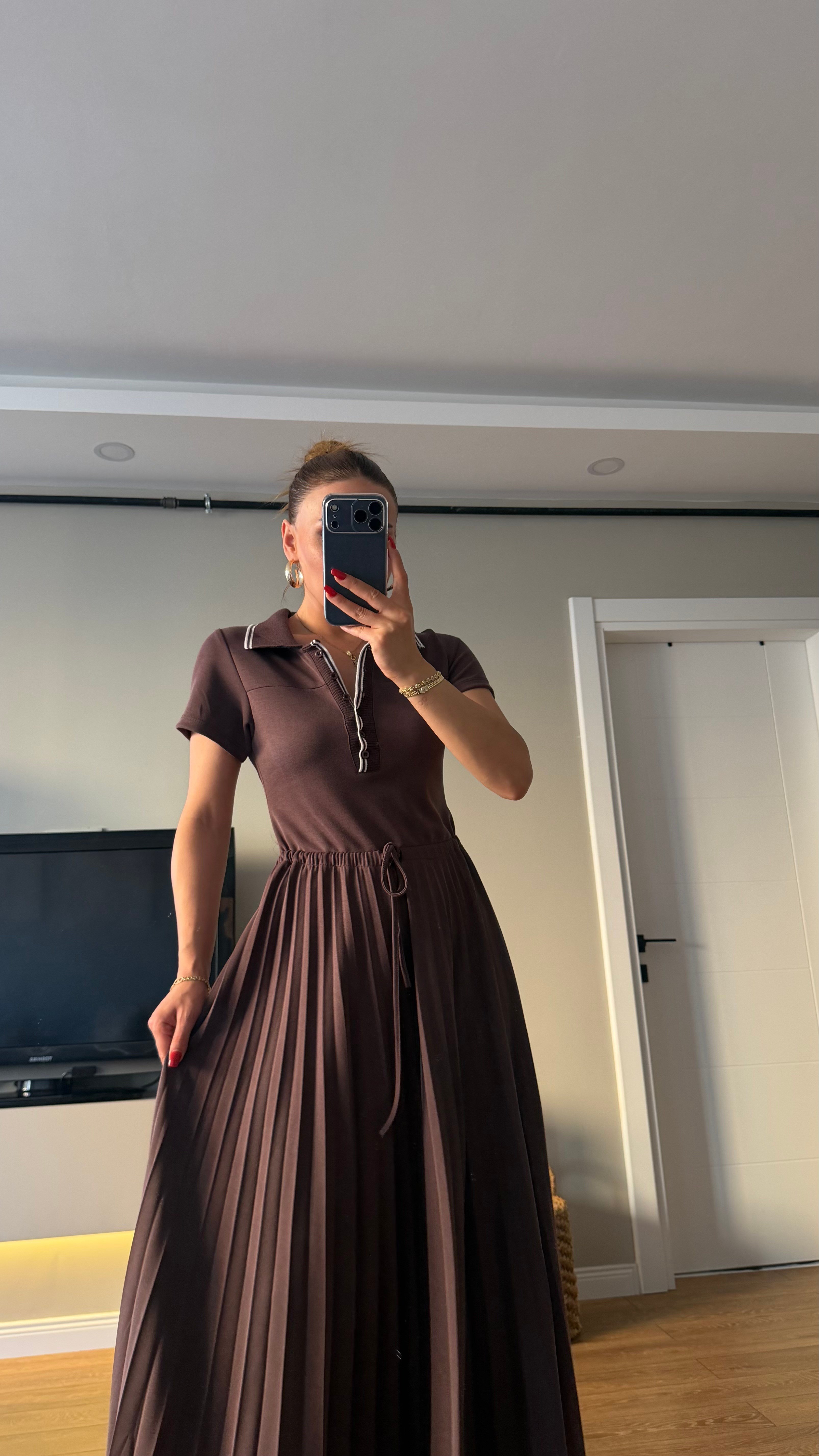 Premium Seri Pileli Bel Bağlamalı Modal Elbise Kahve
