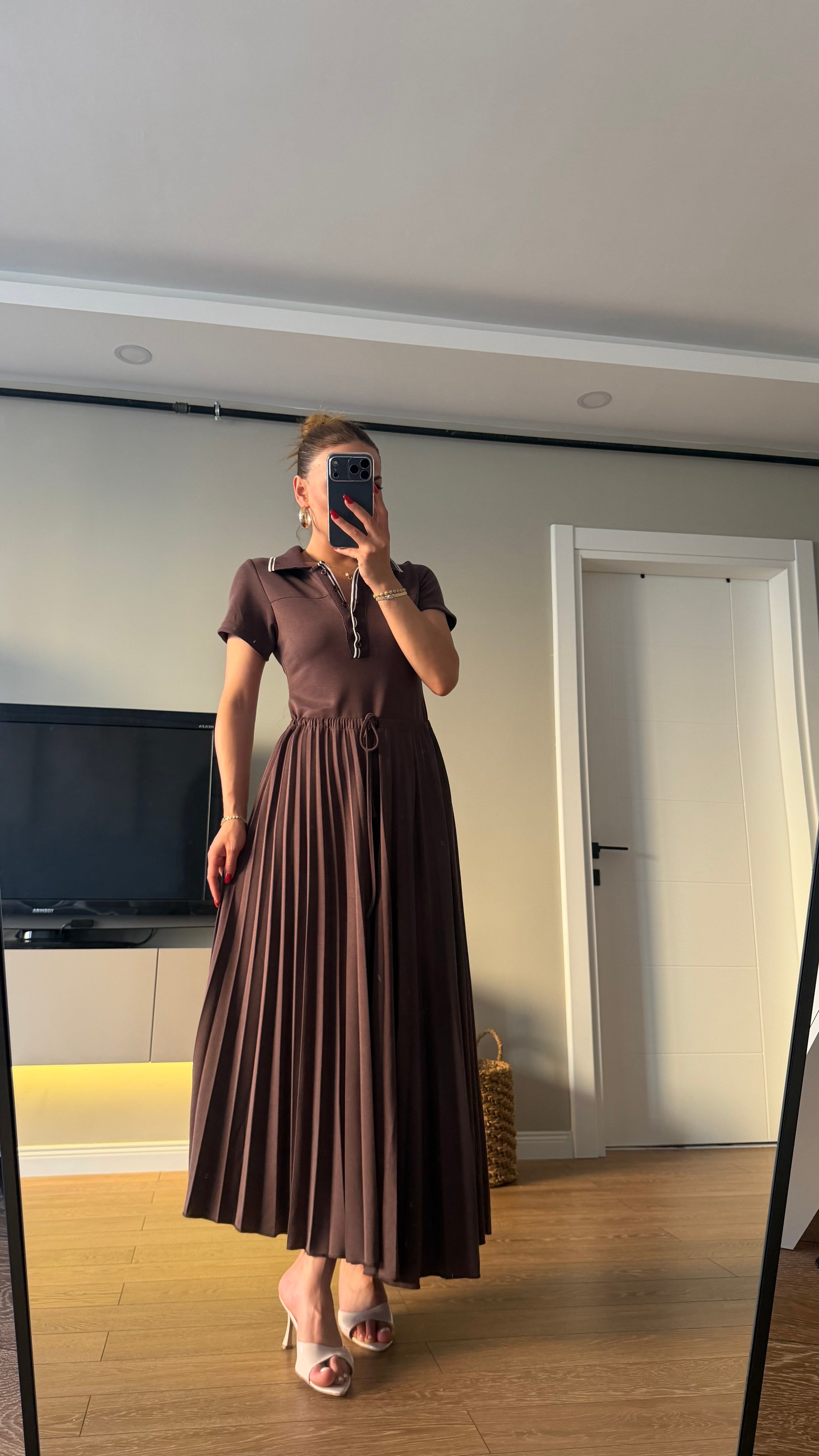 Premium Seri Pileli Bel Bağlamalı Modal Elbise Kahve