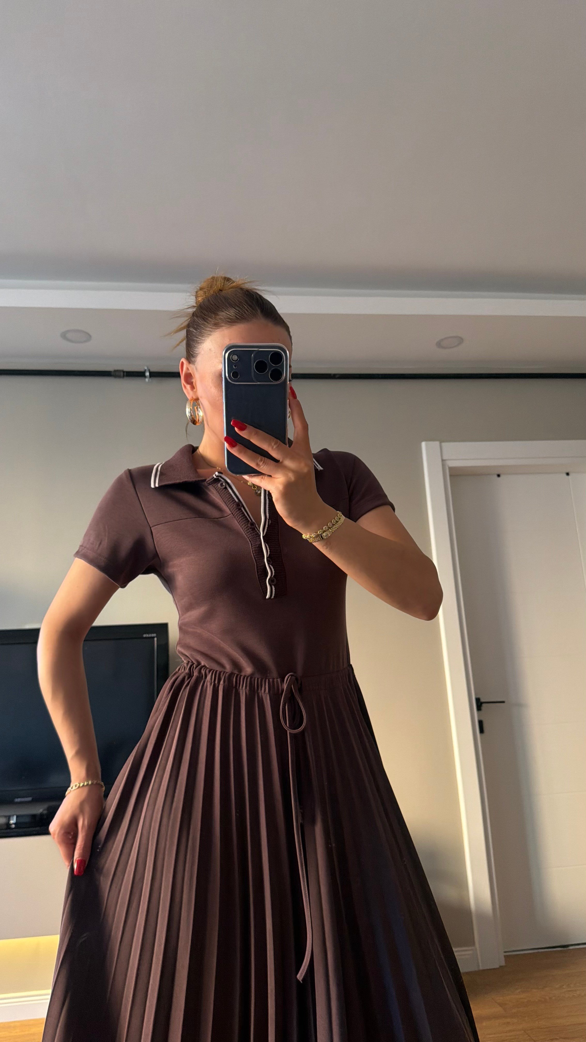 Premium Seri Pileli Bel Bağlamalı Modal Elbise Kahve