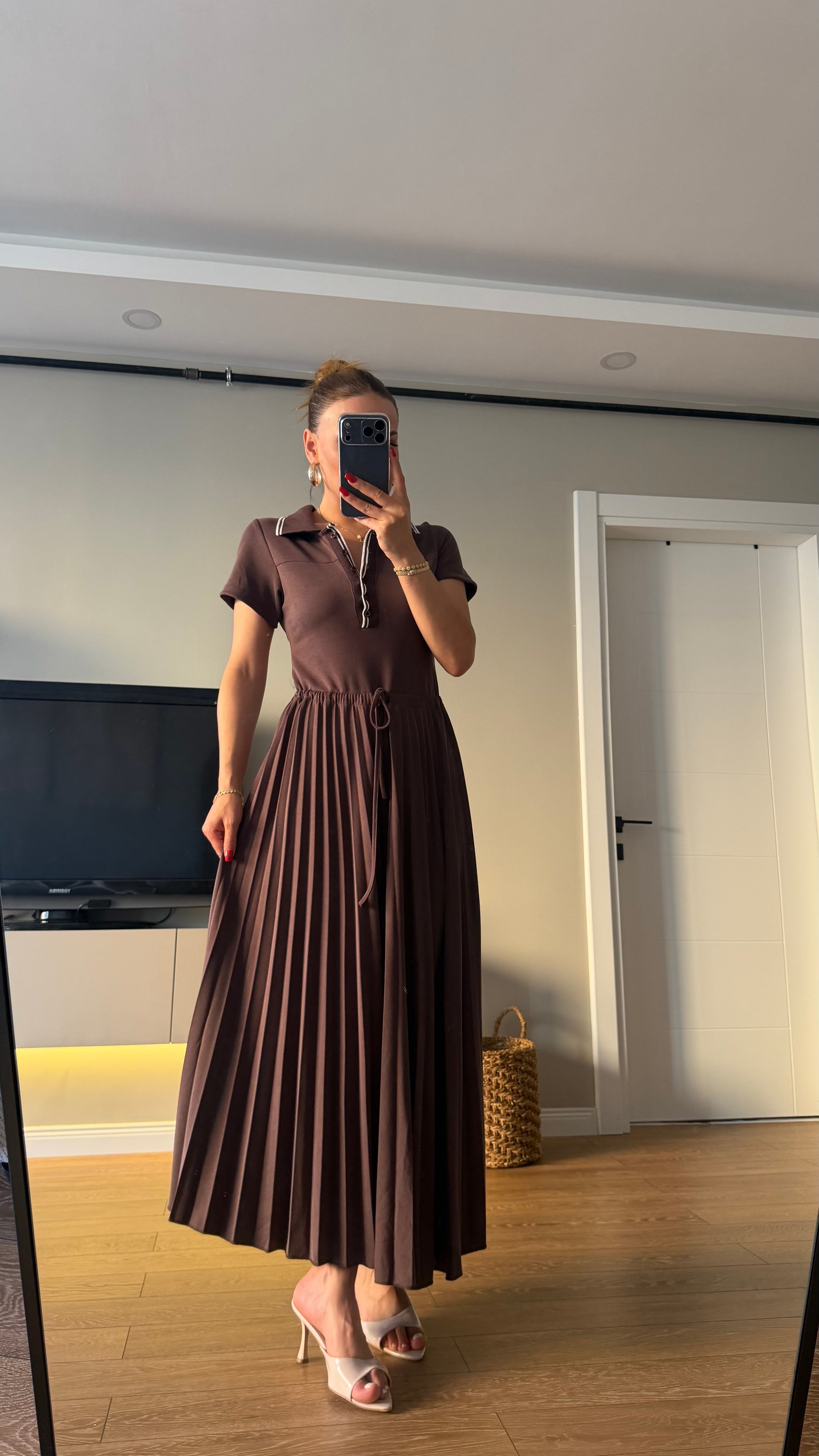 Premium Seri Pileli Bel Bağlamalı Modal Elbise Kahve