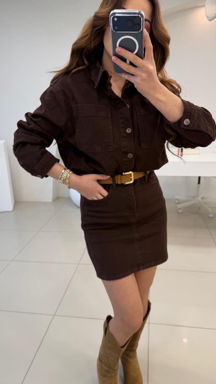 PREMİUM SERİ RELAX DENİM KEMERLİ  ELBİSE ACI KAHVE