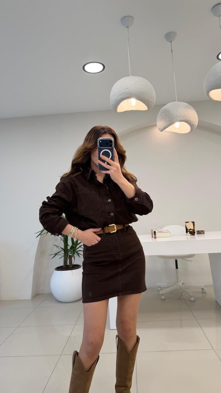 PREMİUM SERİ RELAX DENİM KEMERLİ  ELBİSE ACI KAHVE