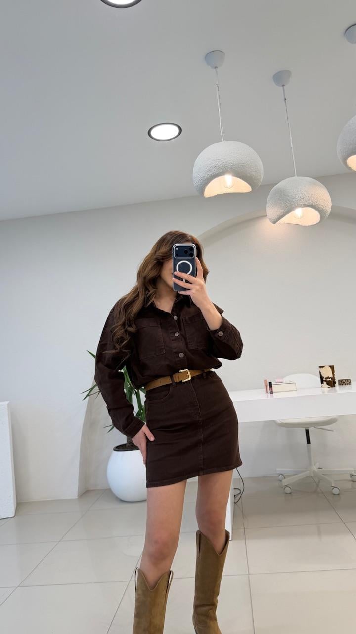 PREMİUM SERİ RELAX DENİM KEMERLİ  ELBİSE ACI KAHVE