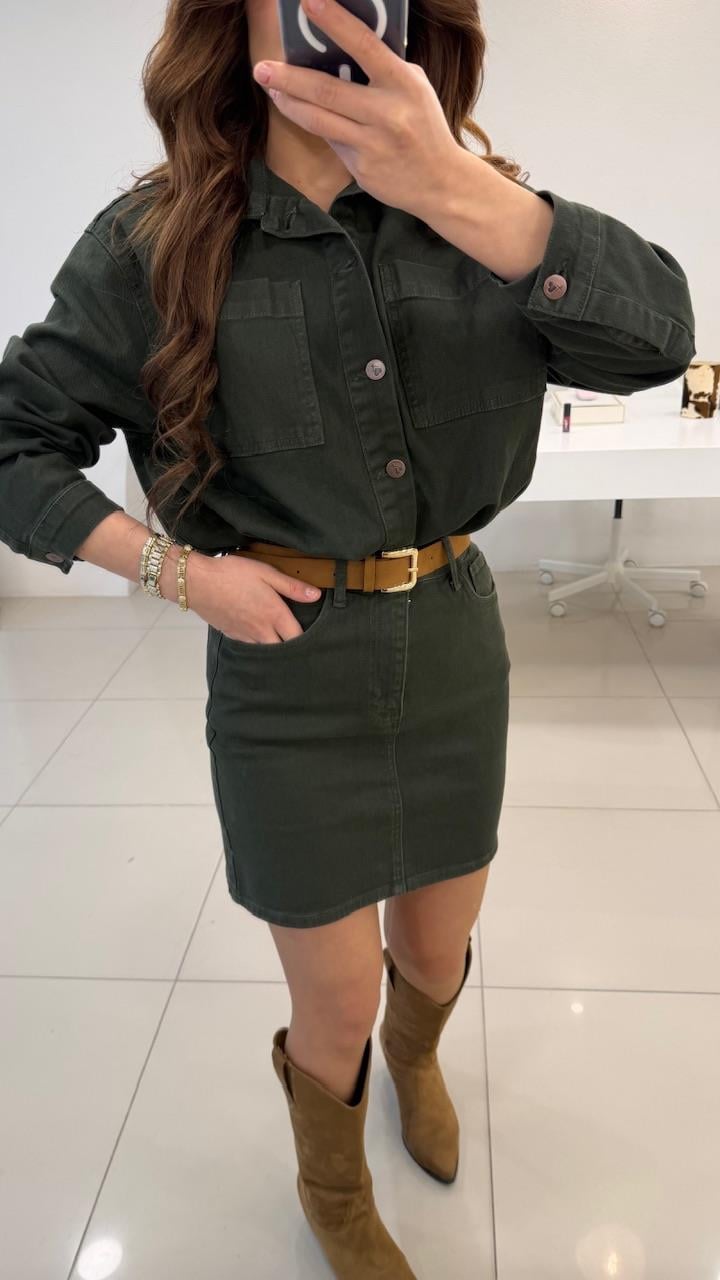 PREMİUM SERİ RELAX DENİM KEMERLİ  ELBİSE YEŞİL
