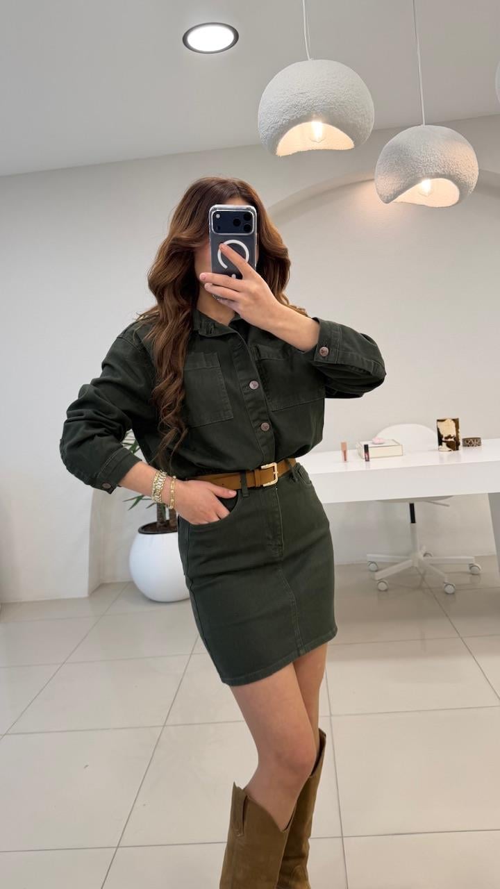 PREMİUM SERİ RELAX DENİM KEMERLİ  ELBİSE YEŞİL