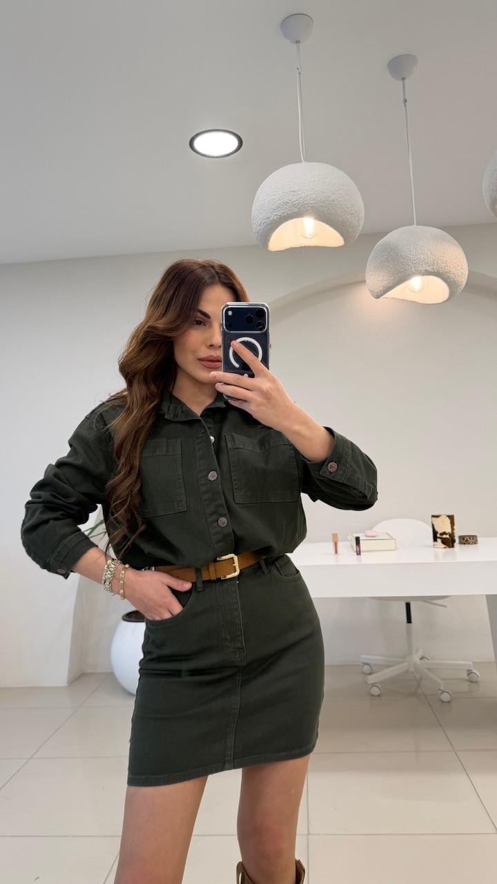 PREMİUM SERİ RELAX DENİM KEMERLİ  ELBİSE YEŞİL