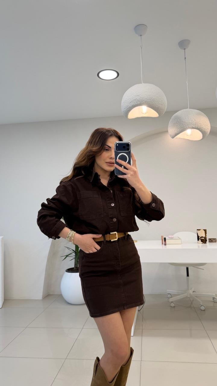 PREMİUM SERİ RELAX DENİM KEMERLİ  ELBİSE ACI KAHVE