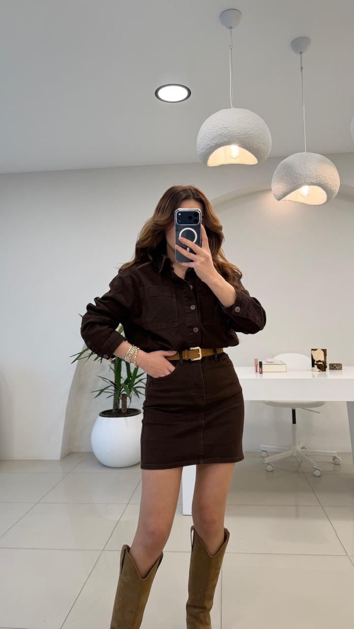 PREMİUM SERİ RELAX DENİM KEMERLİ  ELBİSE ACI KAHVE