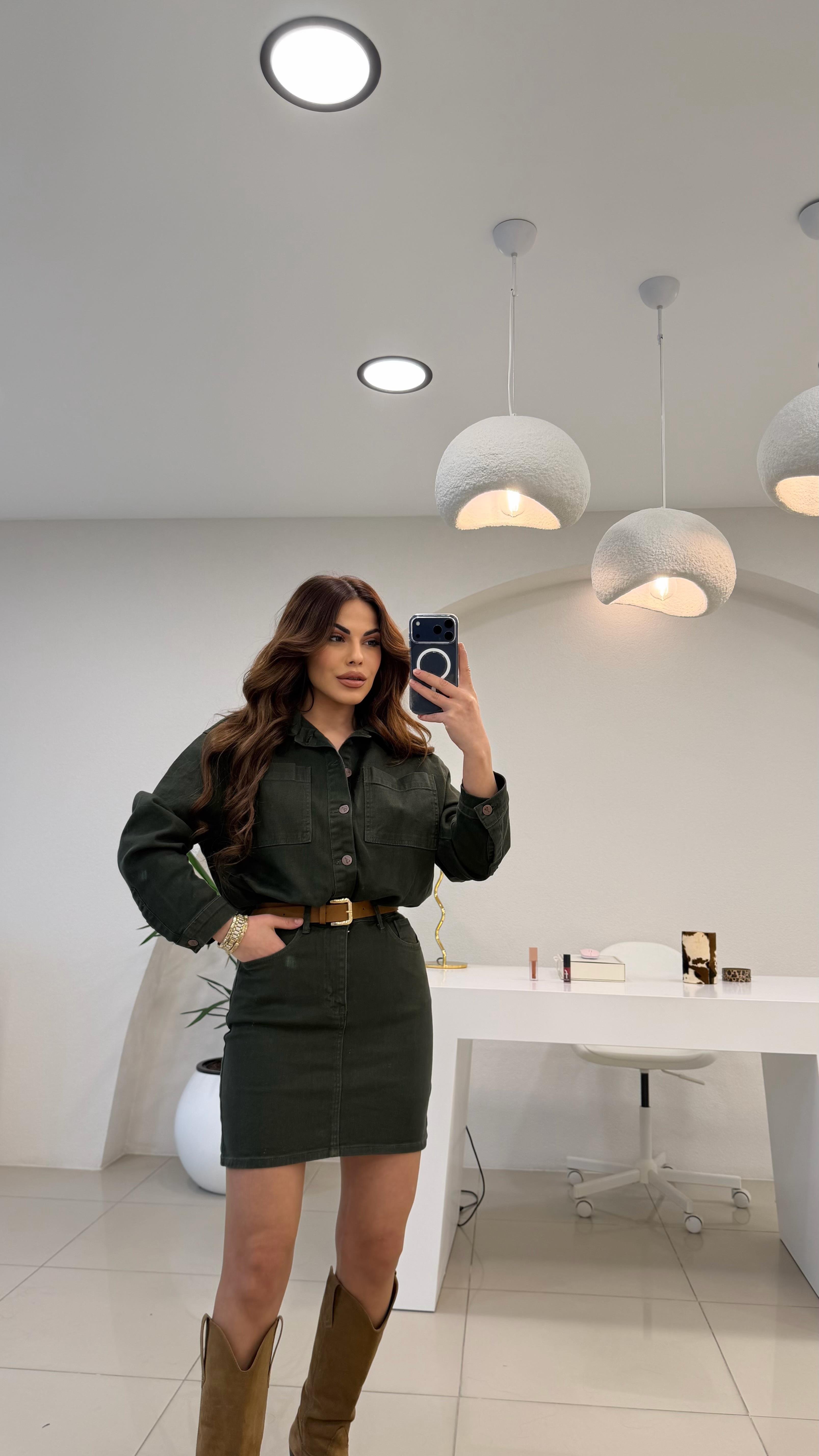 PREMİUM SERİ RELAX DENİM KEMERLİ  ELBİSE YEŞİL