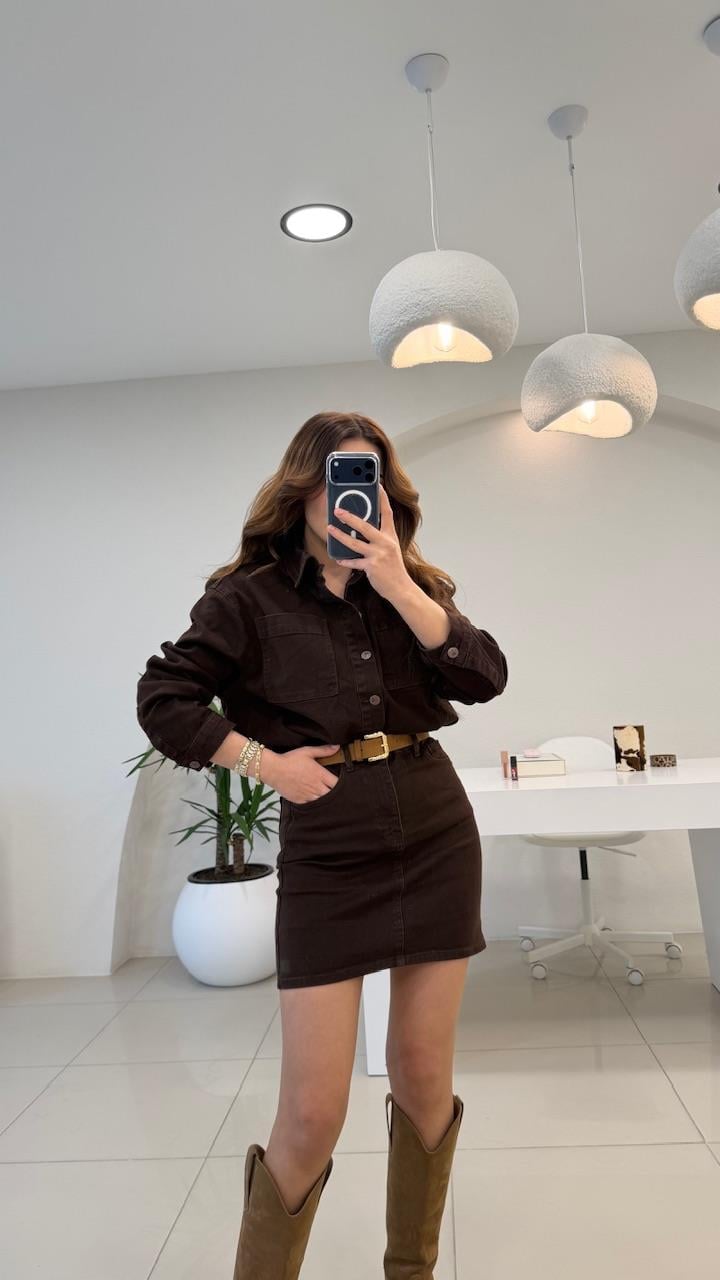 PREMİUM SERİ RELAX DENİM KEMERLİ  ELBİSE ACI KAHVE