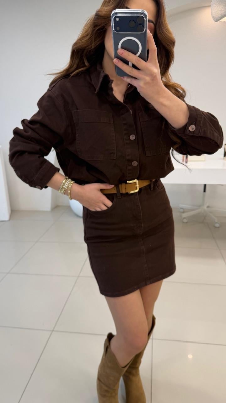 PREMİUM SERİ RELAX DENİM KEMERLİ  ELBİSE ACI KAHVE