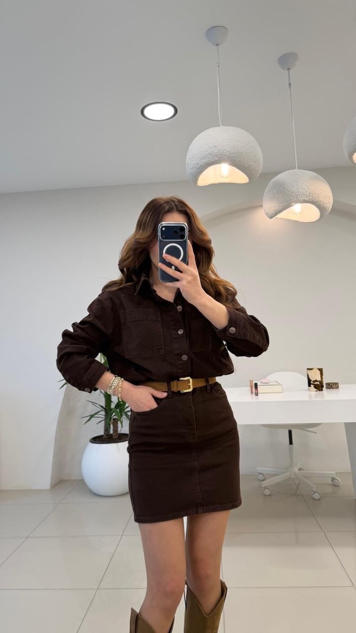PREMİUM SERİ RELAX DENİM KEMERLİ  ELBİSE ACI KAHVE
